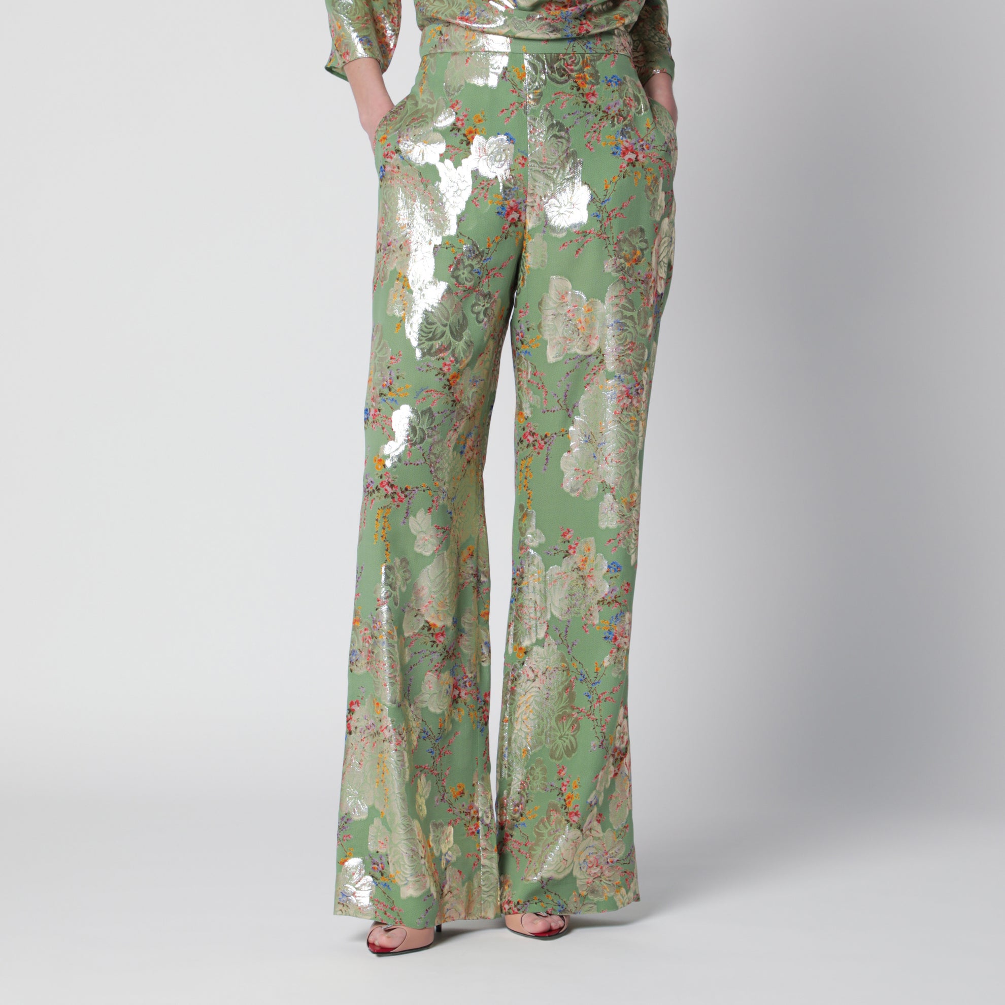 Silk trousers with all-over print in green