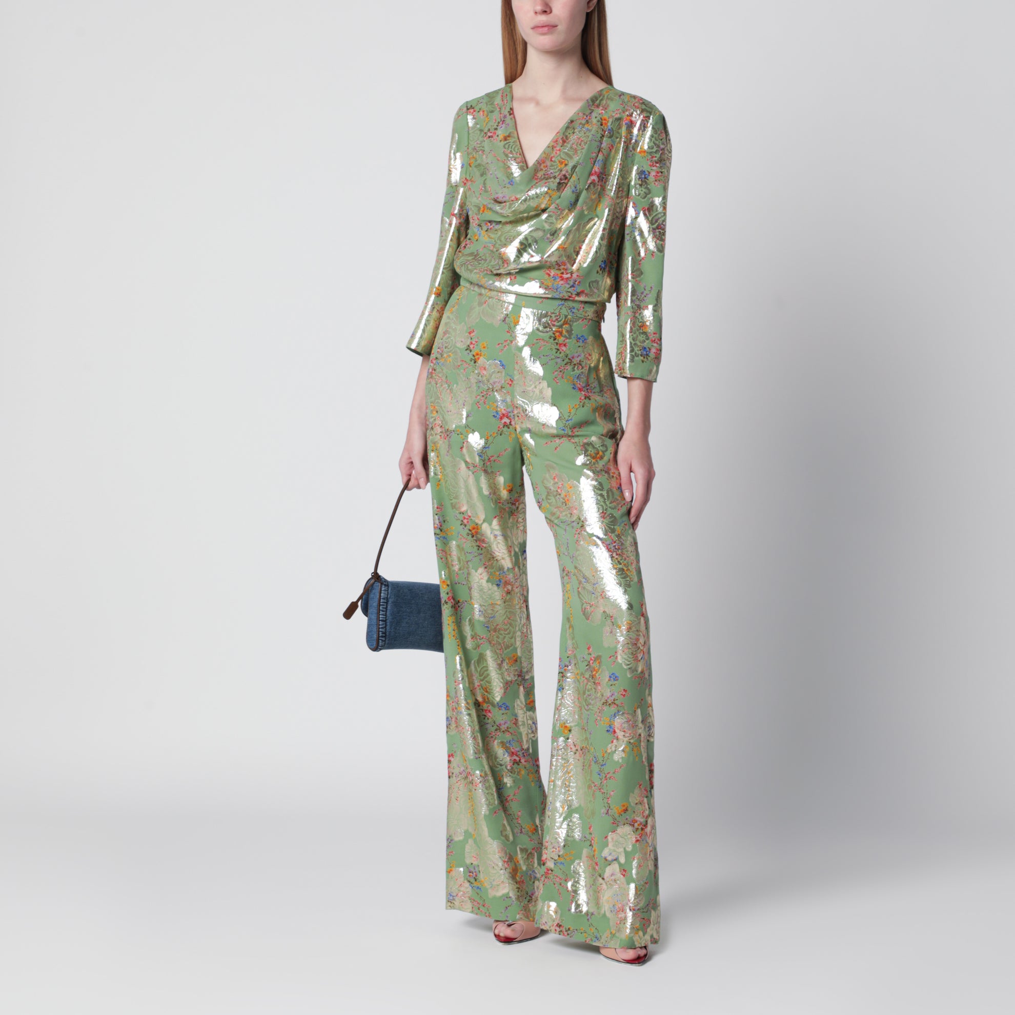 Silk trousers with all-over print in green