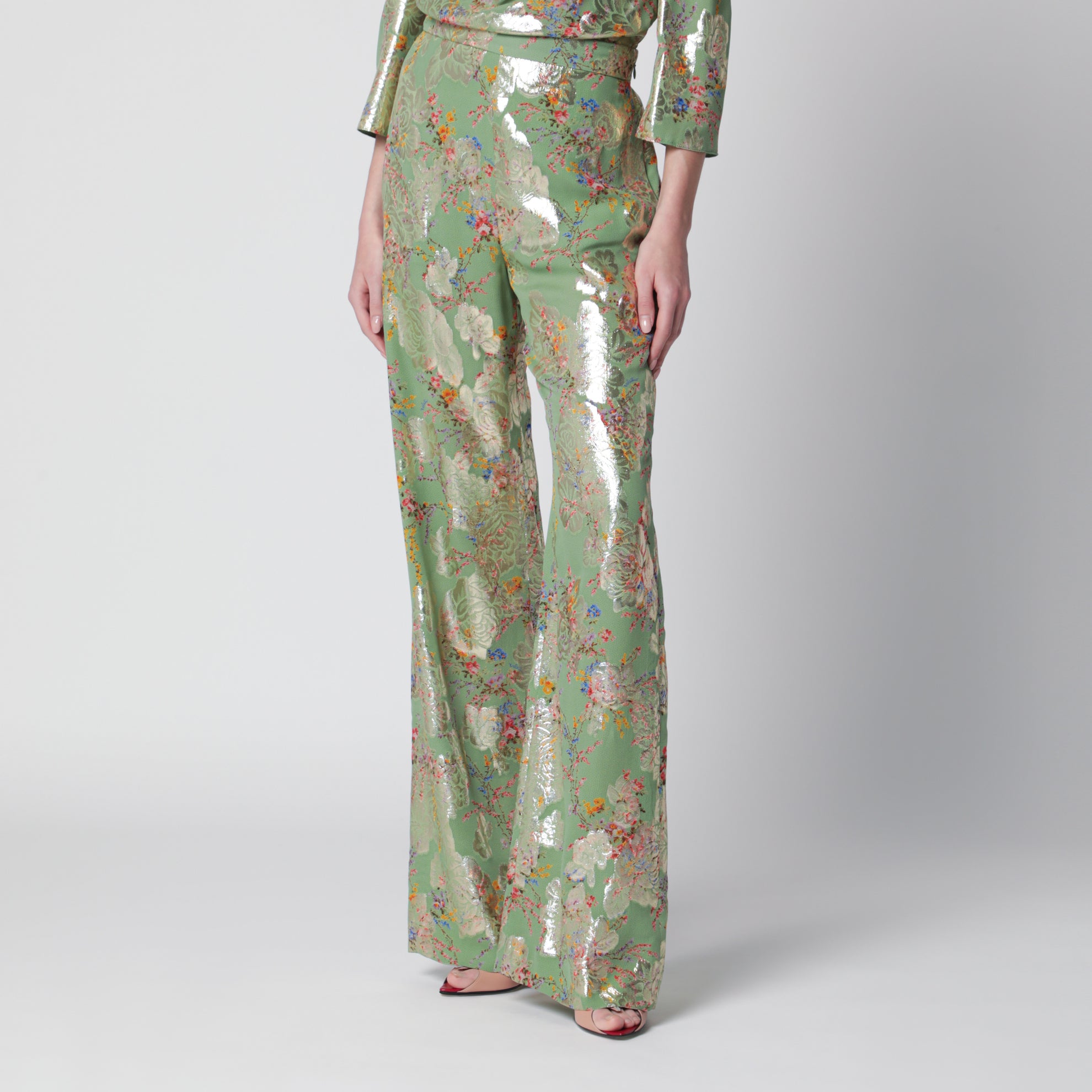 Silk trousers with all-over print in green