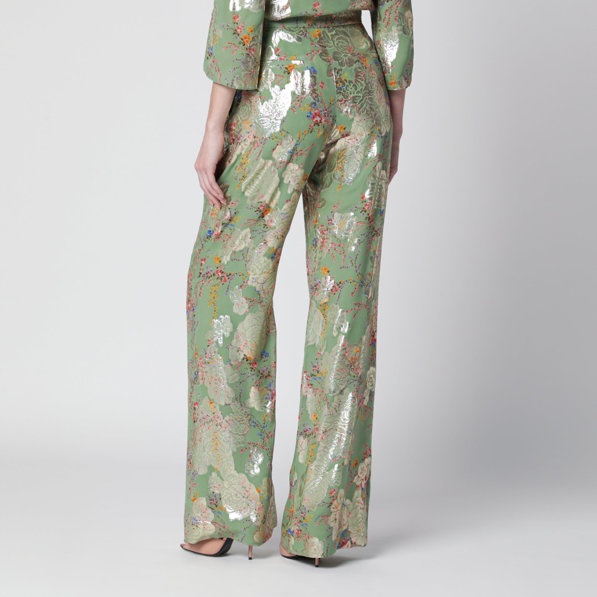 Silk trousers with all-over print in green
