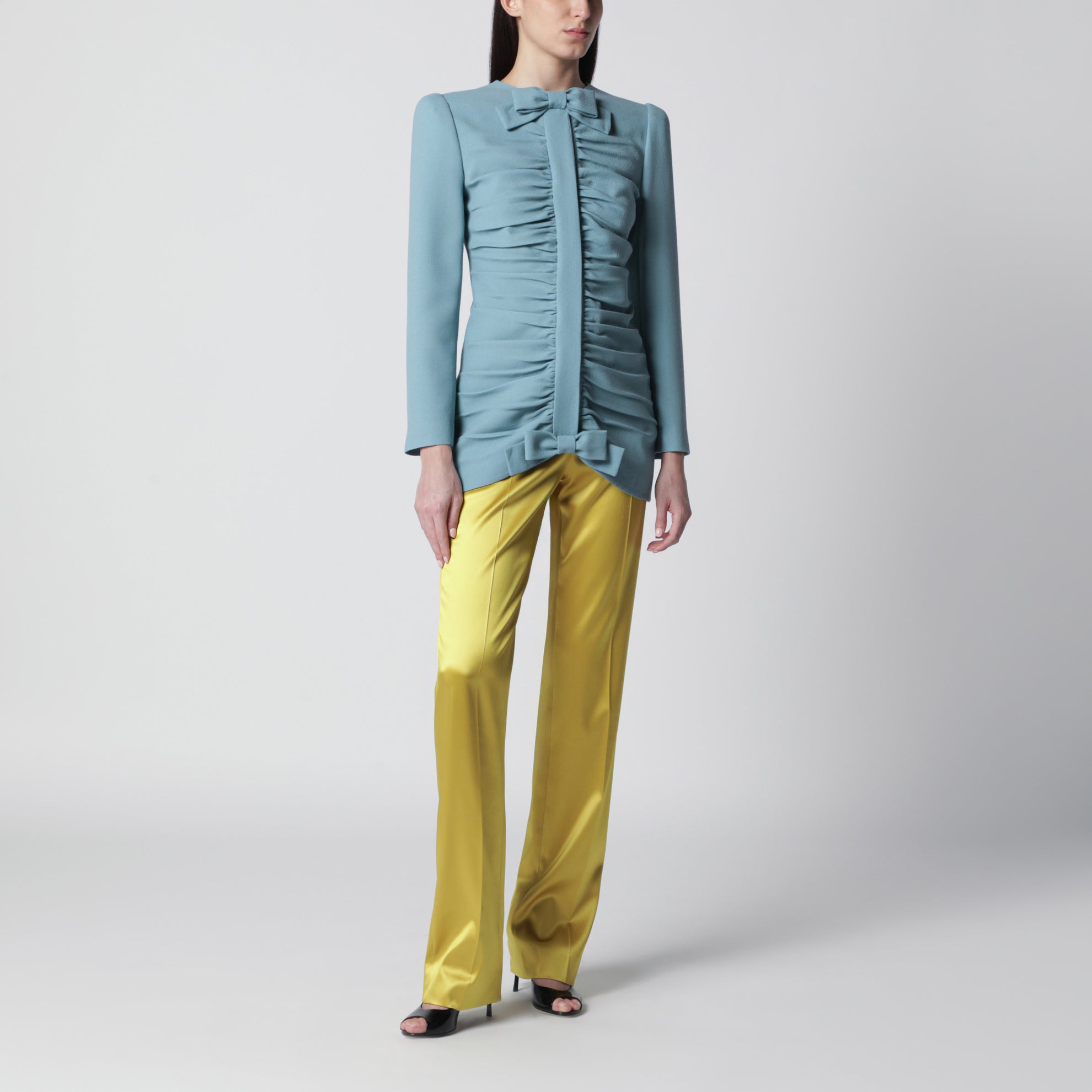 Avocado-colored trousers in shiny silk blend