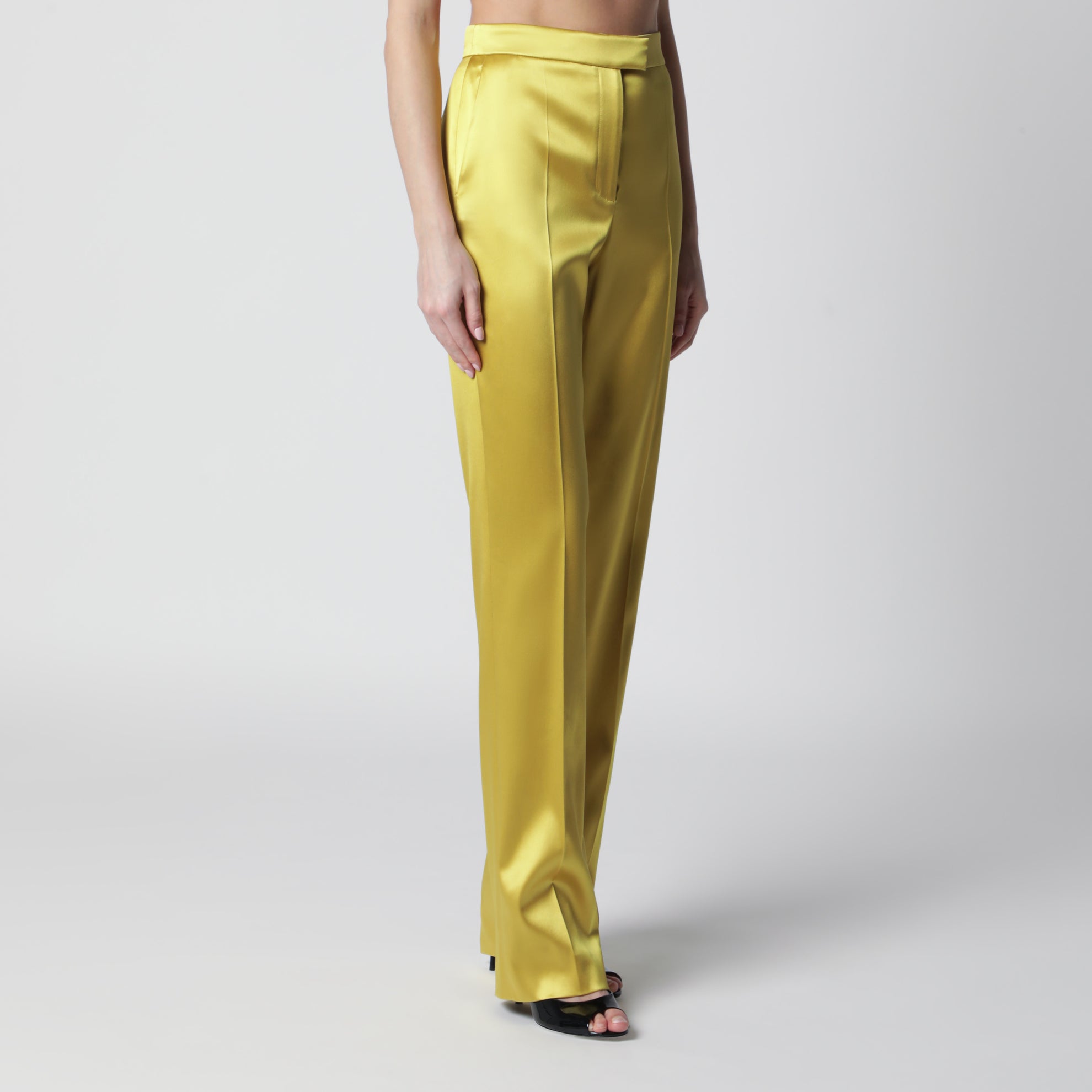 Avocado-colored trousers in shiny silk blend