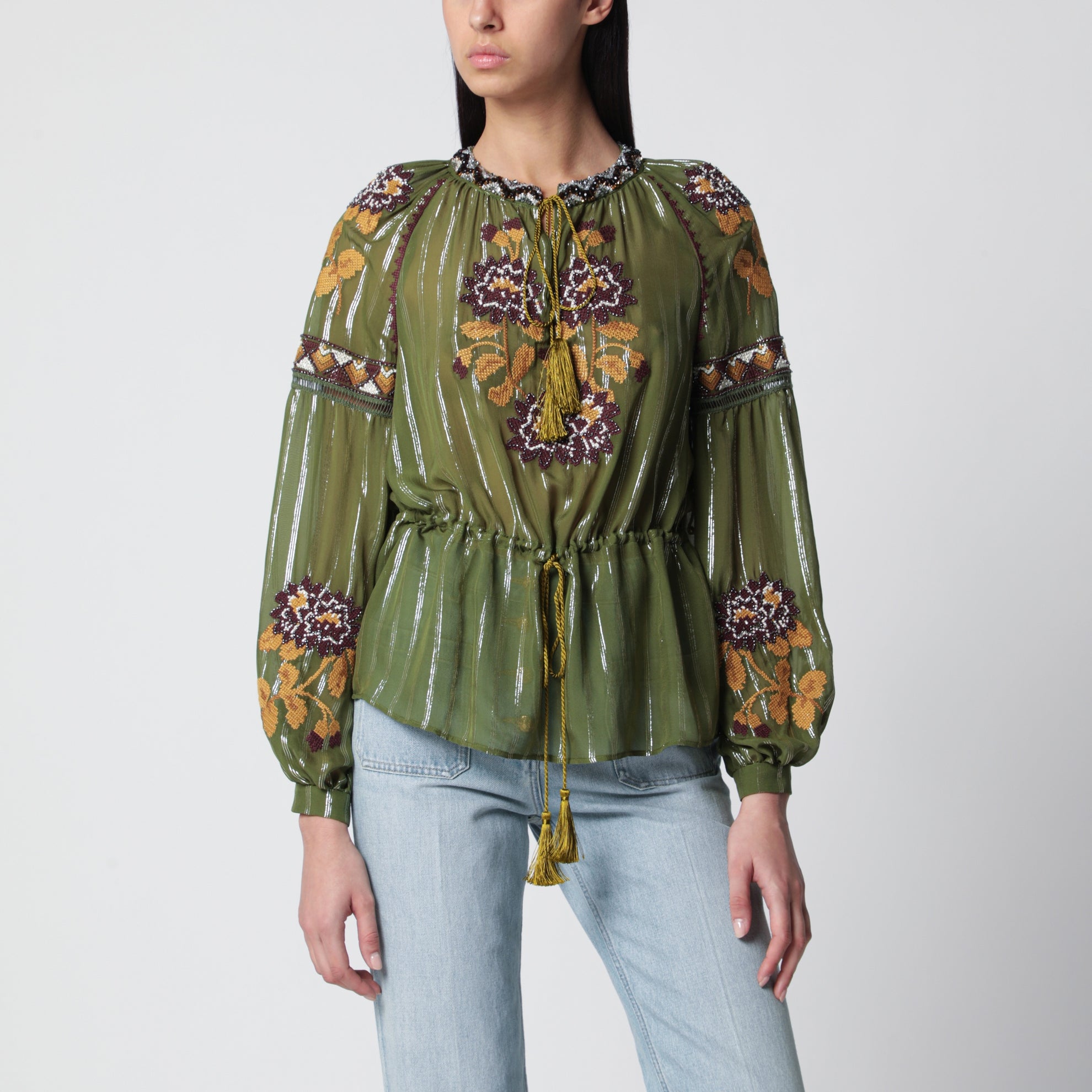 Embroidered lurex silk shirt green camou
