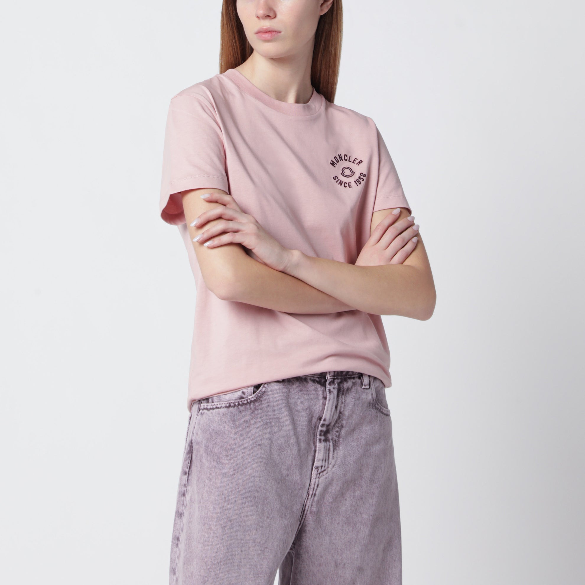 Pink cotton T-shirt with embroidered logo