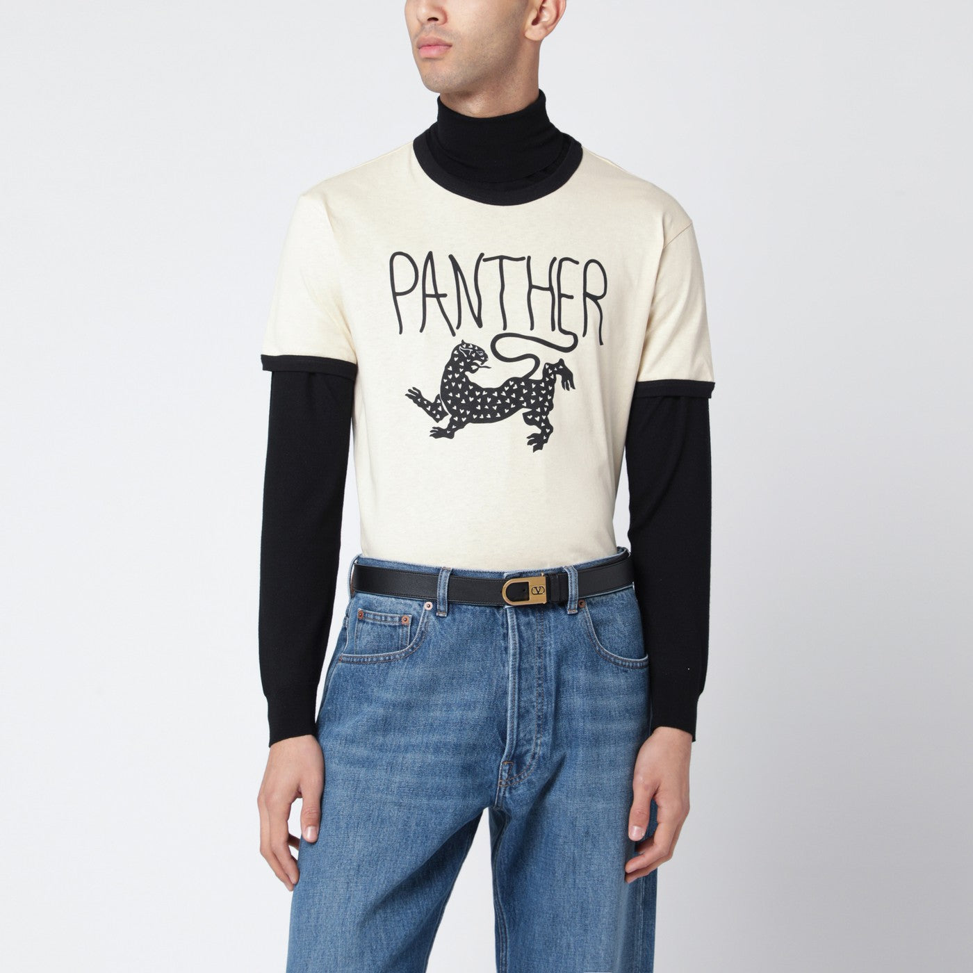 T-shirt color burro con stampa Panther