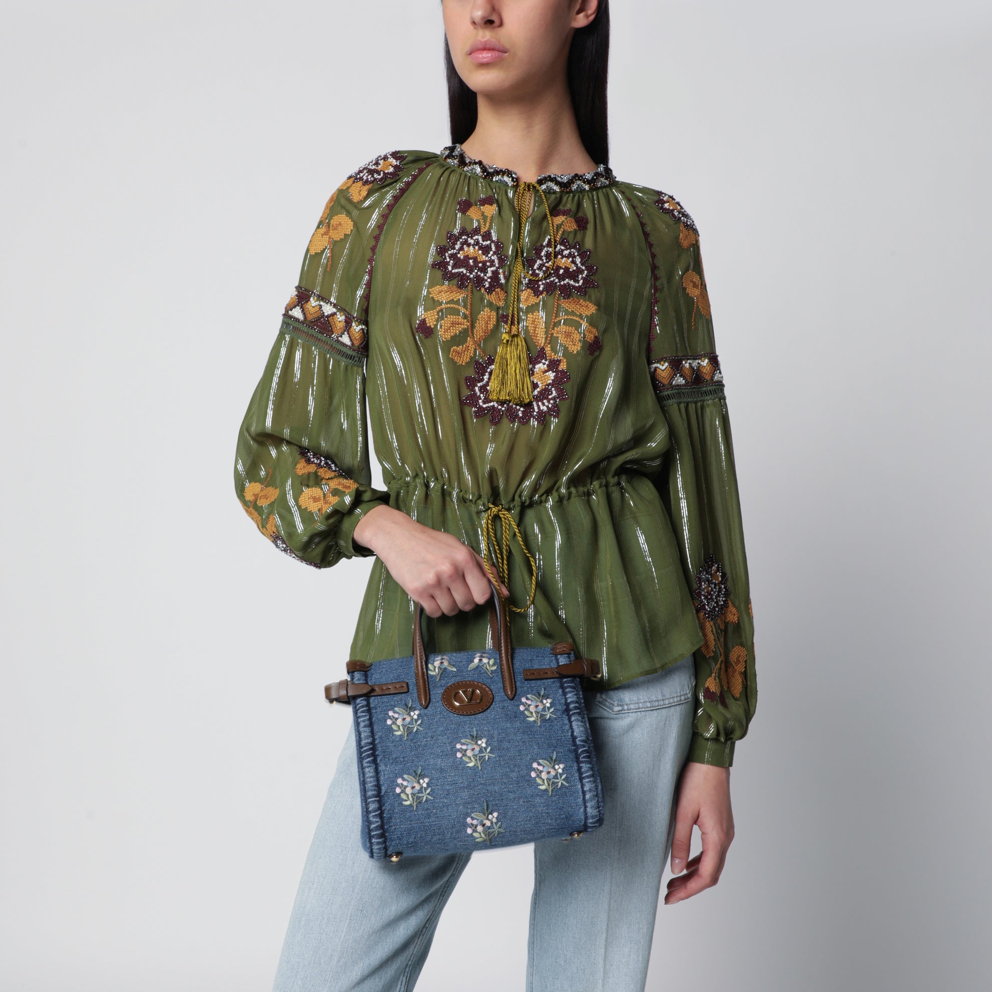 Borsa shopping Antibes piccola in denim ricamato