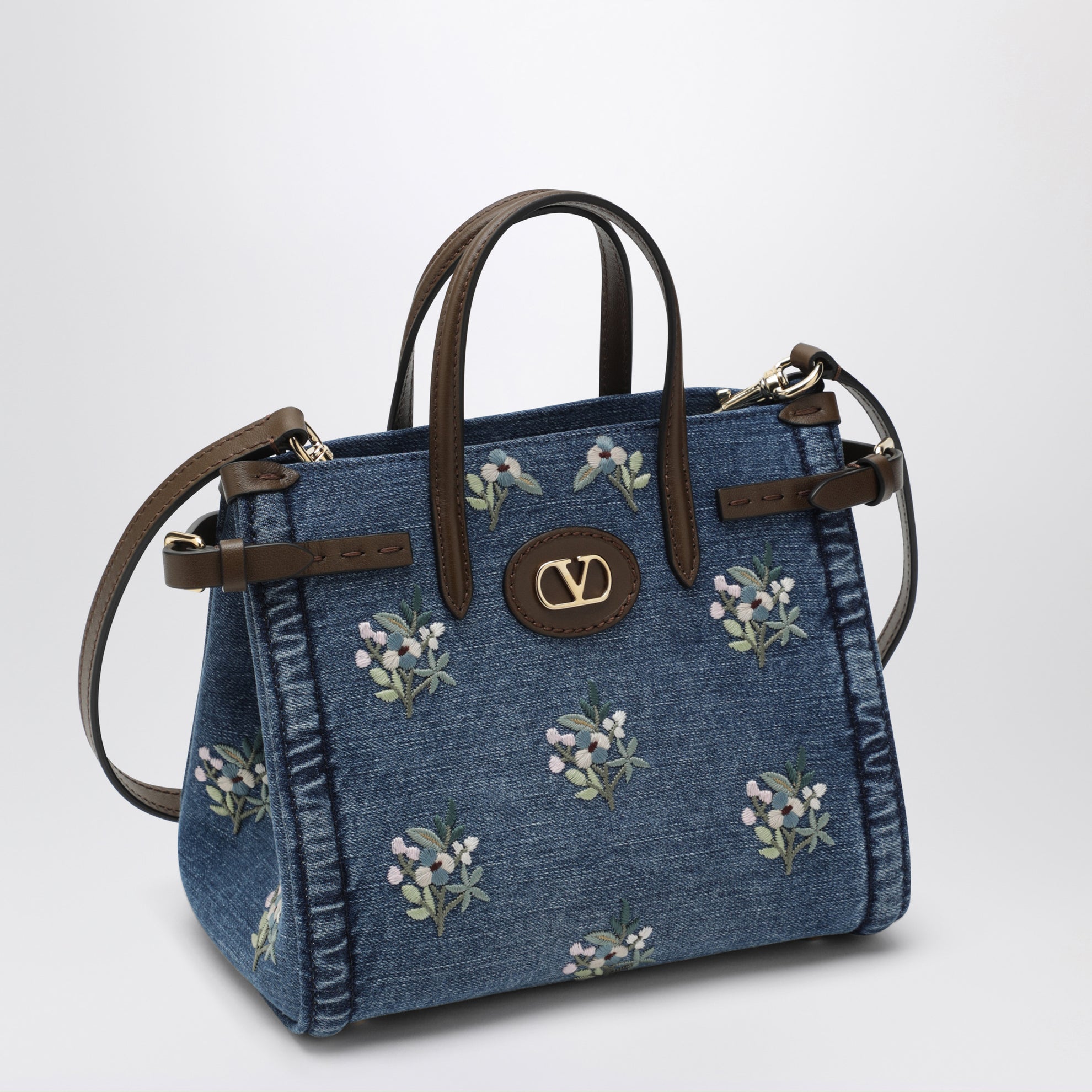 Borsa shopping Antibes piccola in denim ricamato