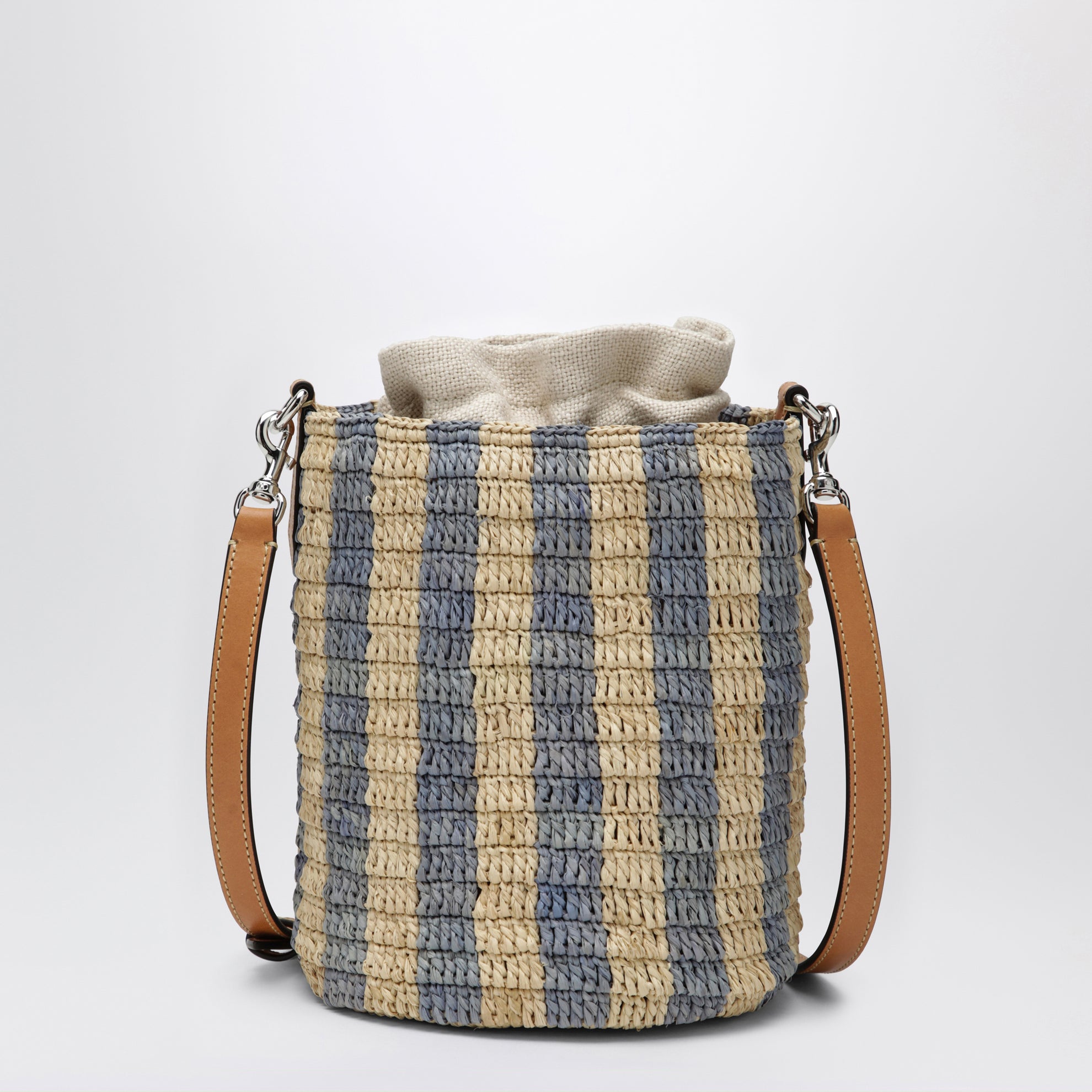 Petit sac seau en raphia à rayures beige et bleu clair