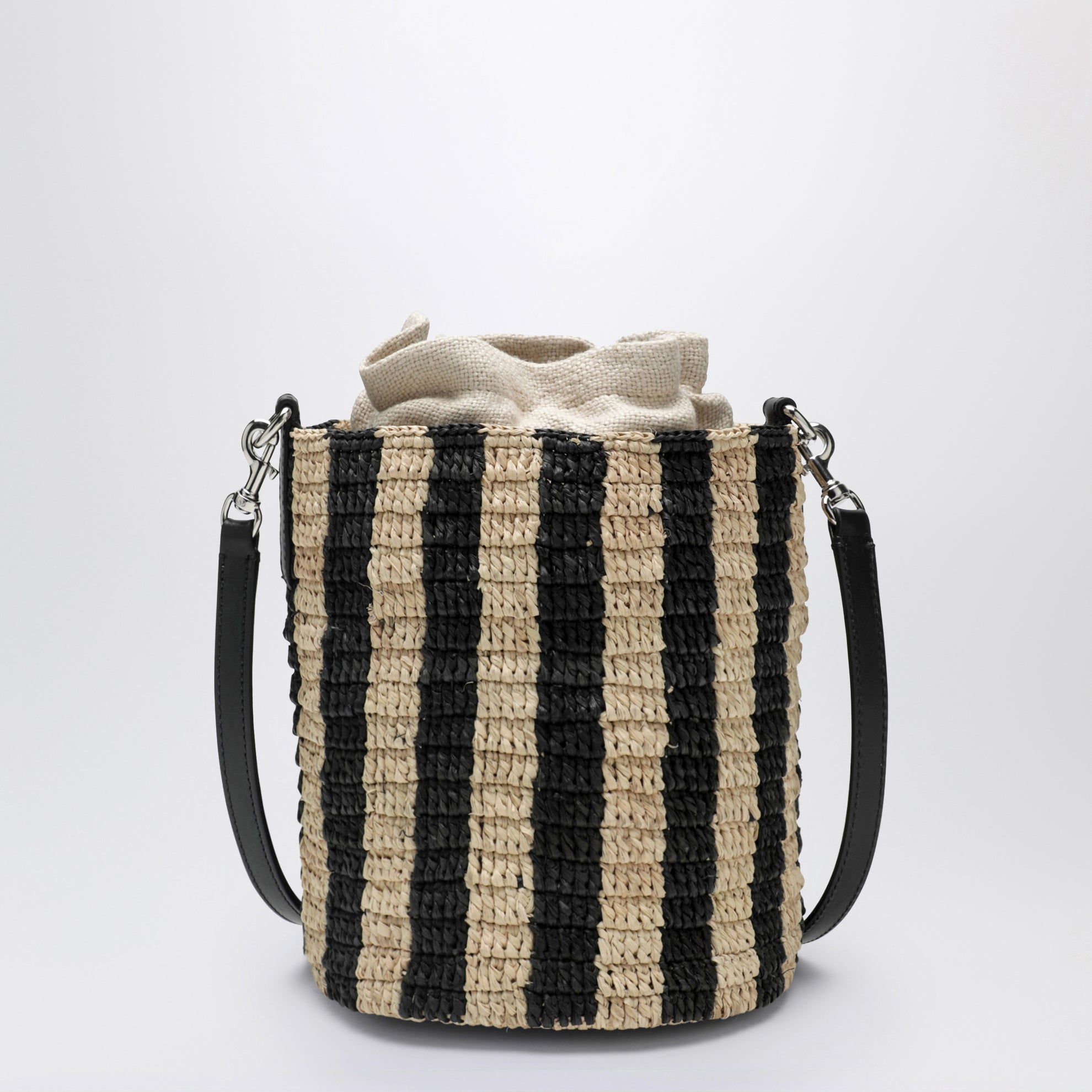 Kleine Bucket-Bag aus Raffia mit beige- und schwarzen Streifen