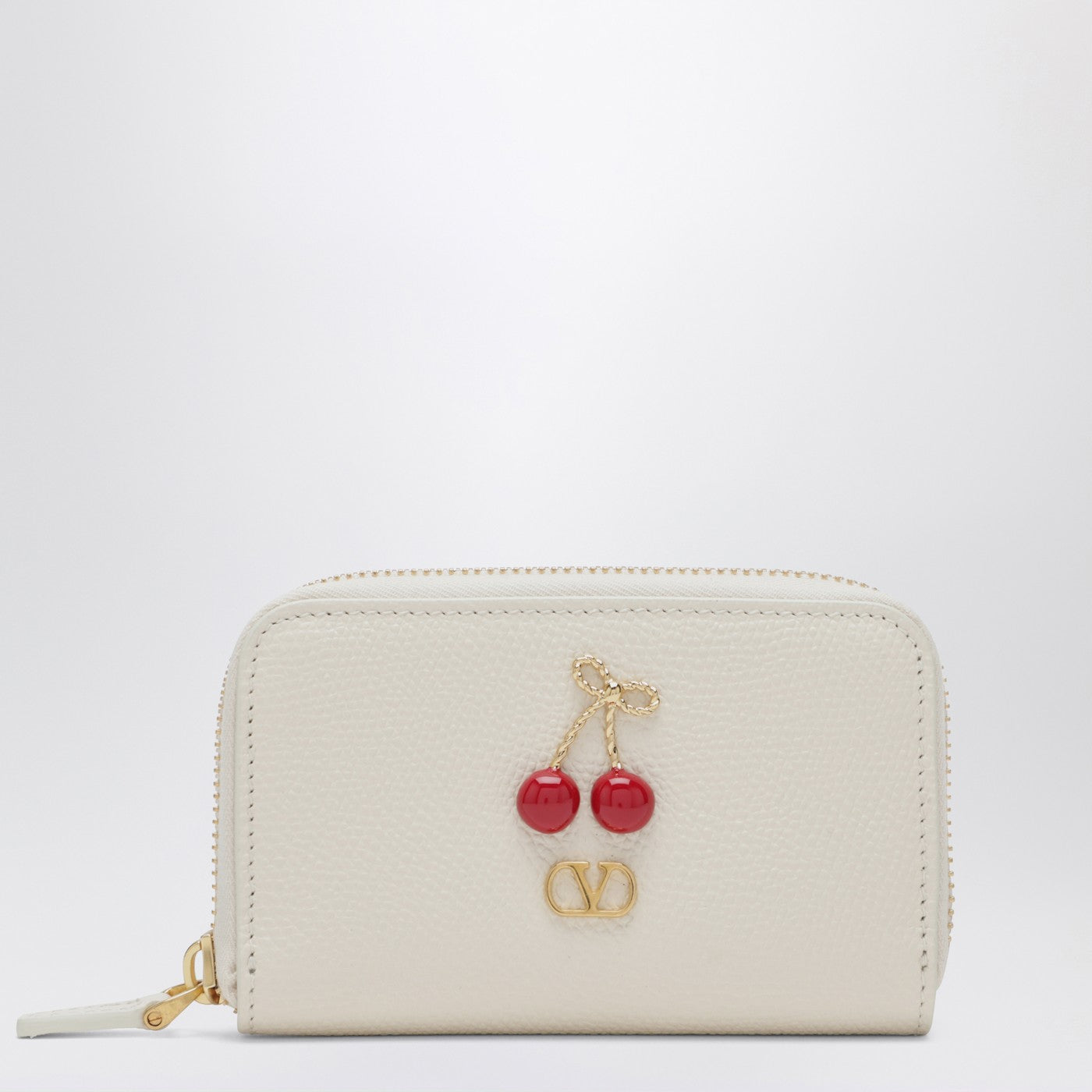 Portefeuille zippé Cherryfic en cuir ivoire