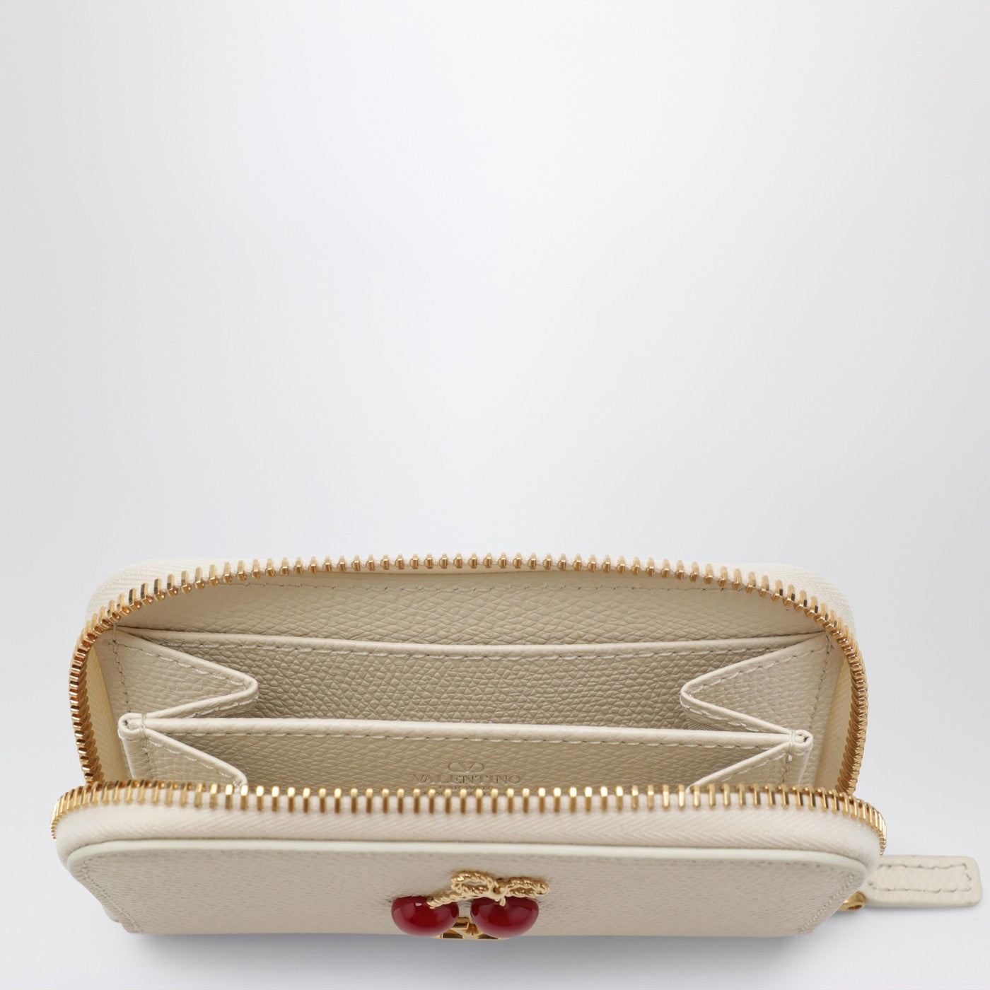 Portefeuille zippé Cherryfic en cuir ivoire