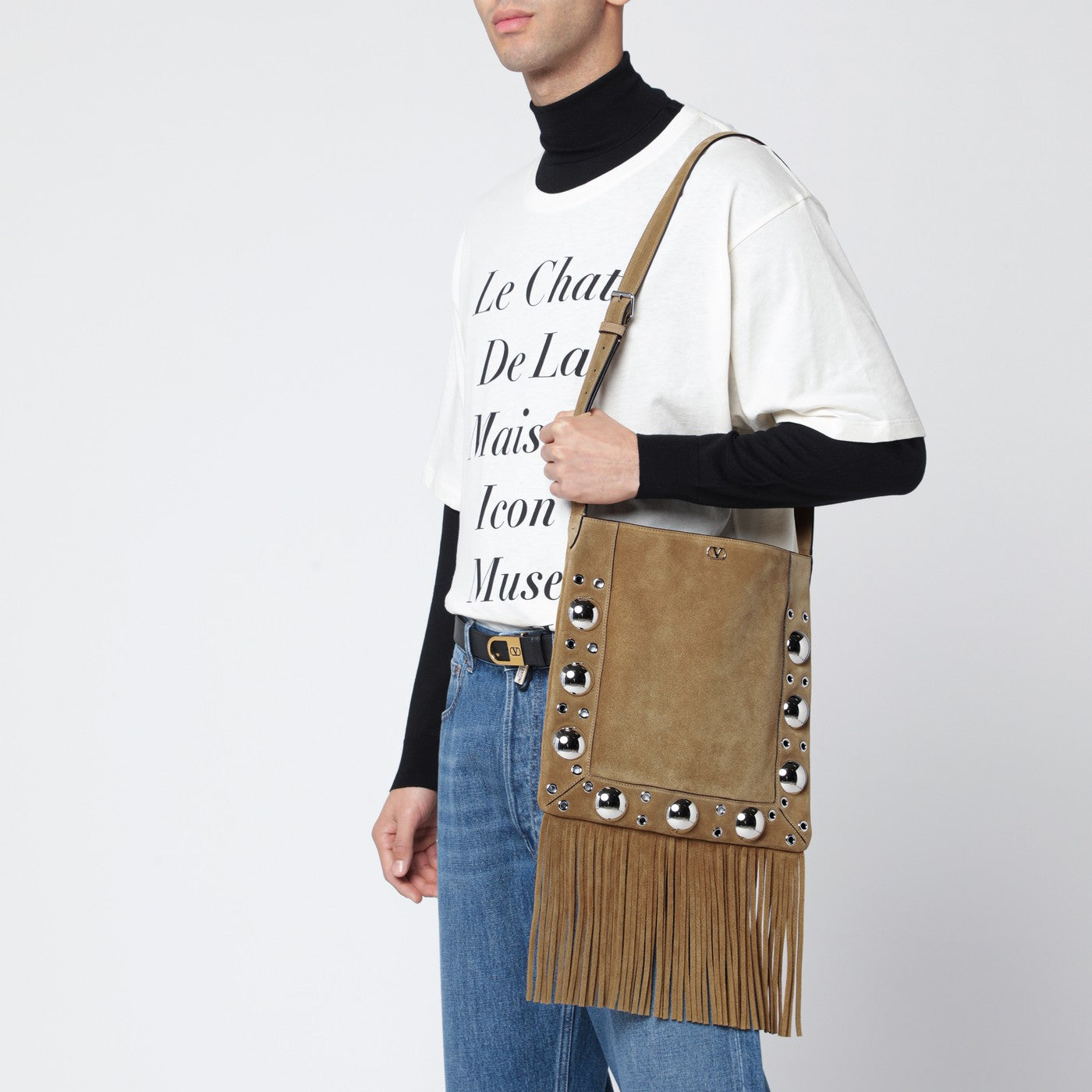 Beigefarbene Tasche Nellcôte aus Wildleder mit Fransen