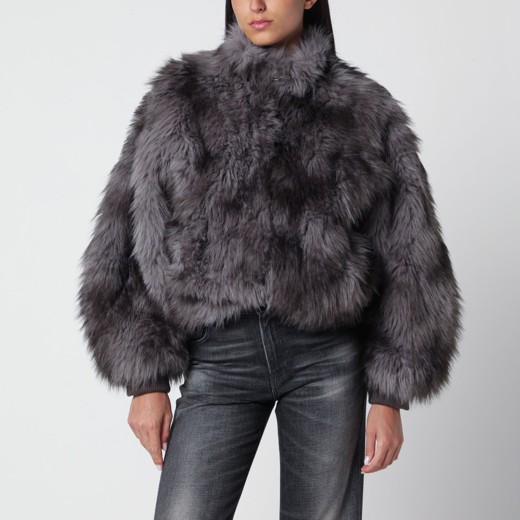 Cropped shaded grey faux fur jacket