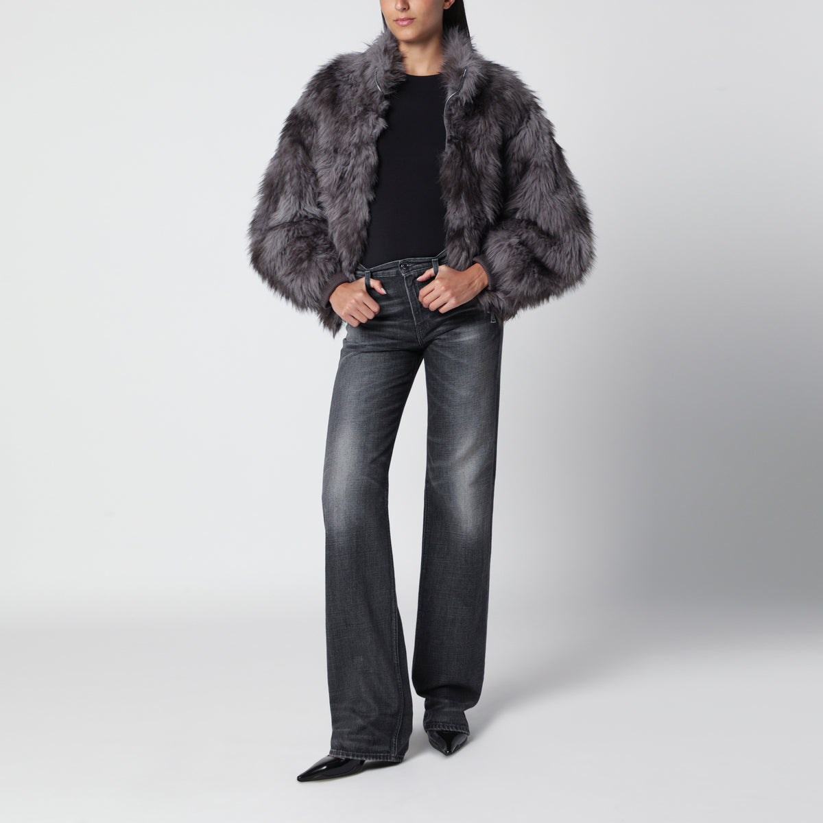 Cropped shaded grey faux fur jacket