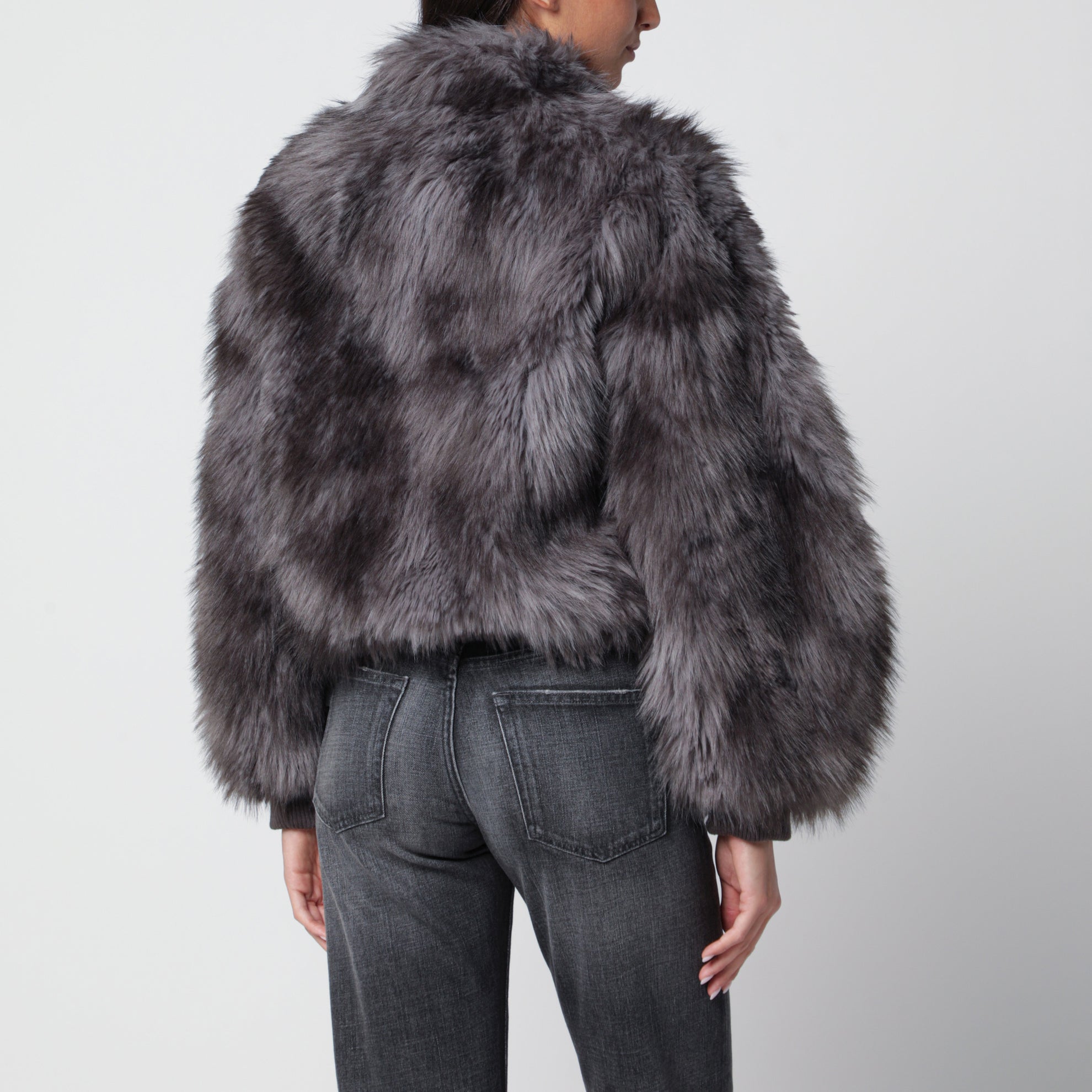 Cropped shaded grey faux fur jacket