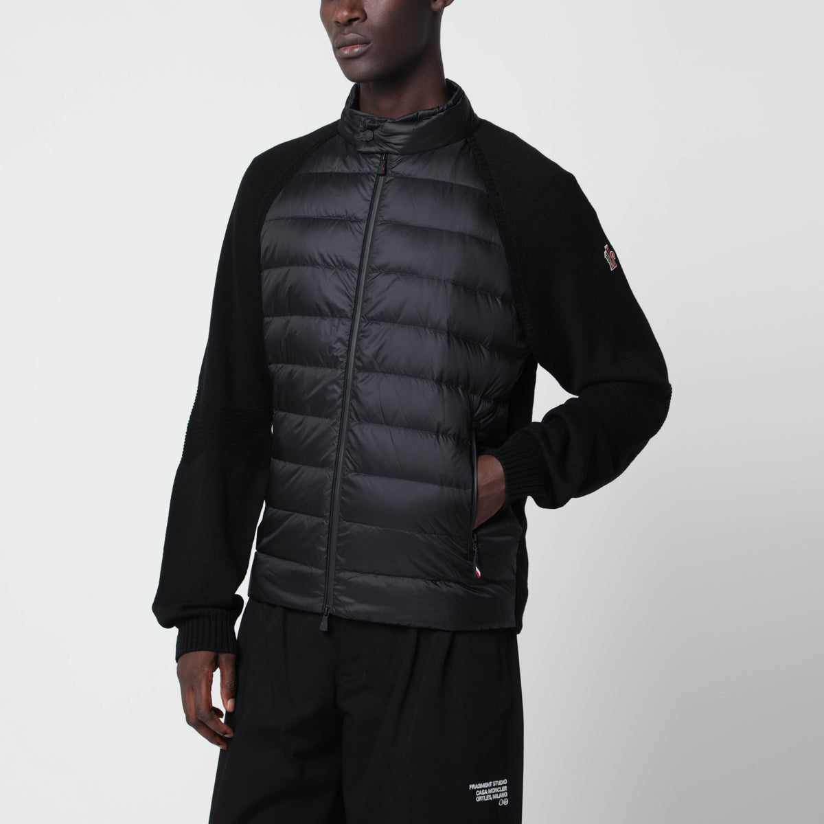 Black padded zip-up cardigan in wool blend