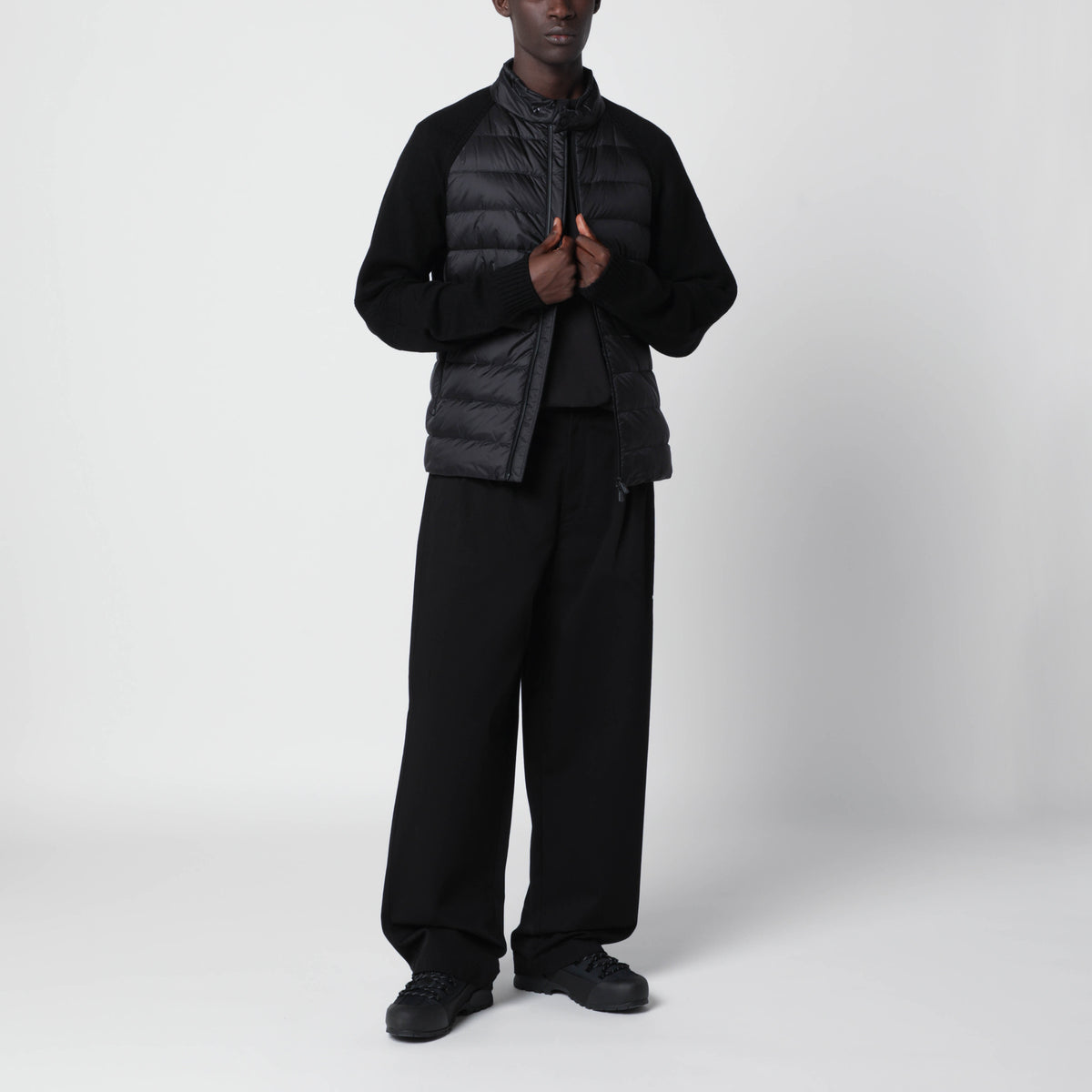 Black padded zip-up cardigan in wool blend