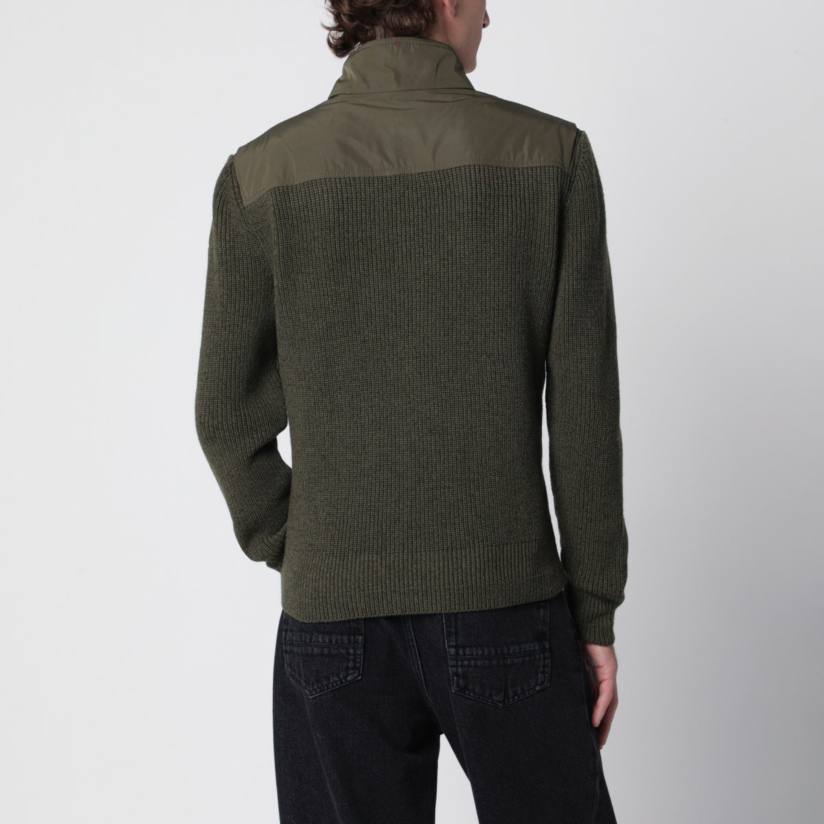 Olive green cardigan in wool with polyester inserts