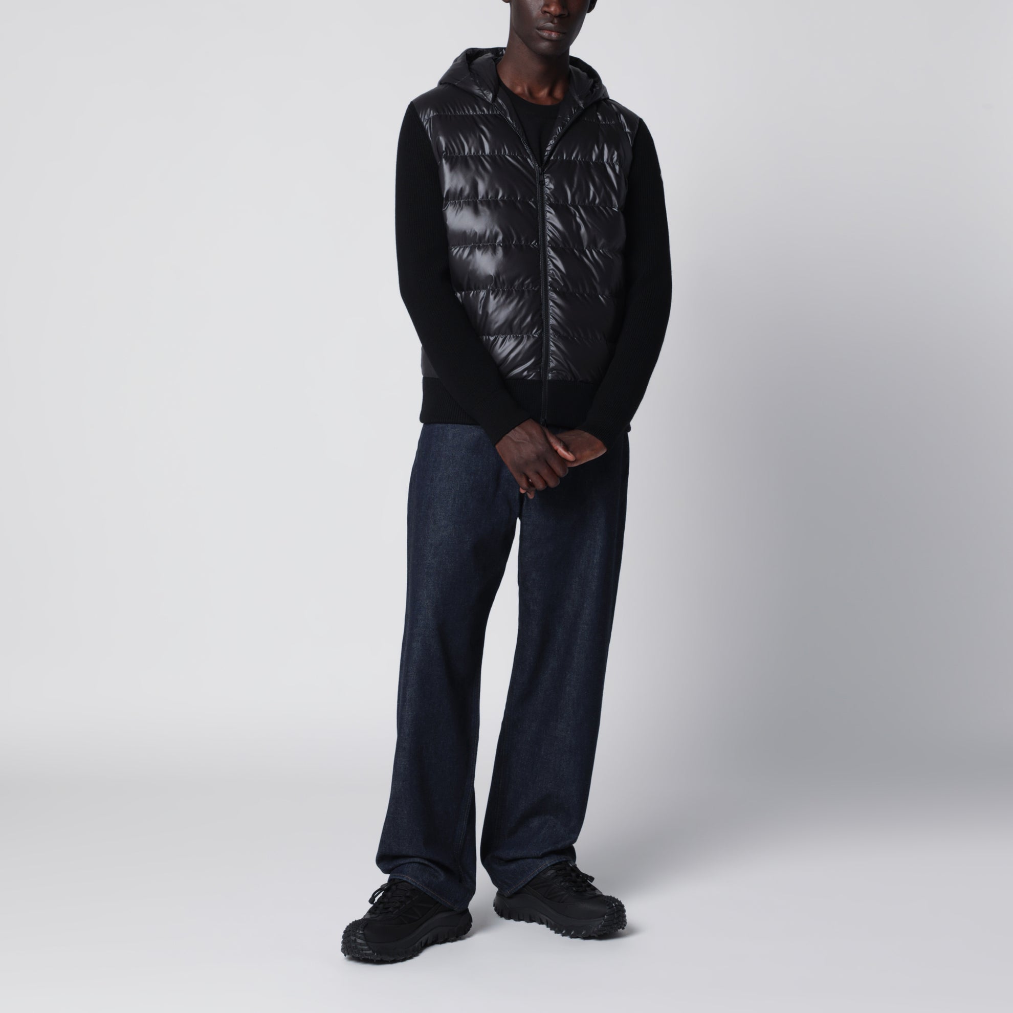 Black padded wool zip-up hoodie
