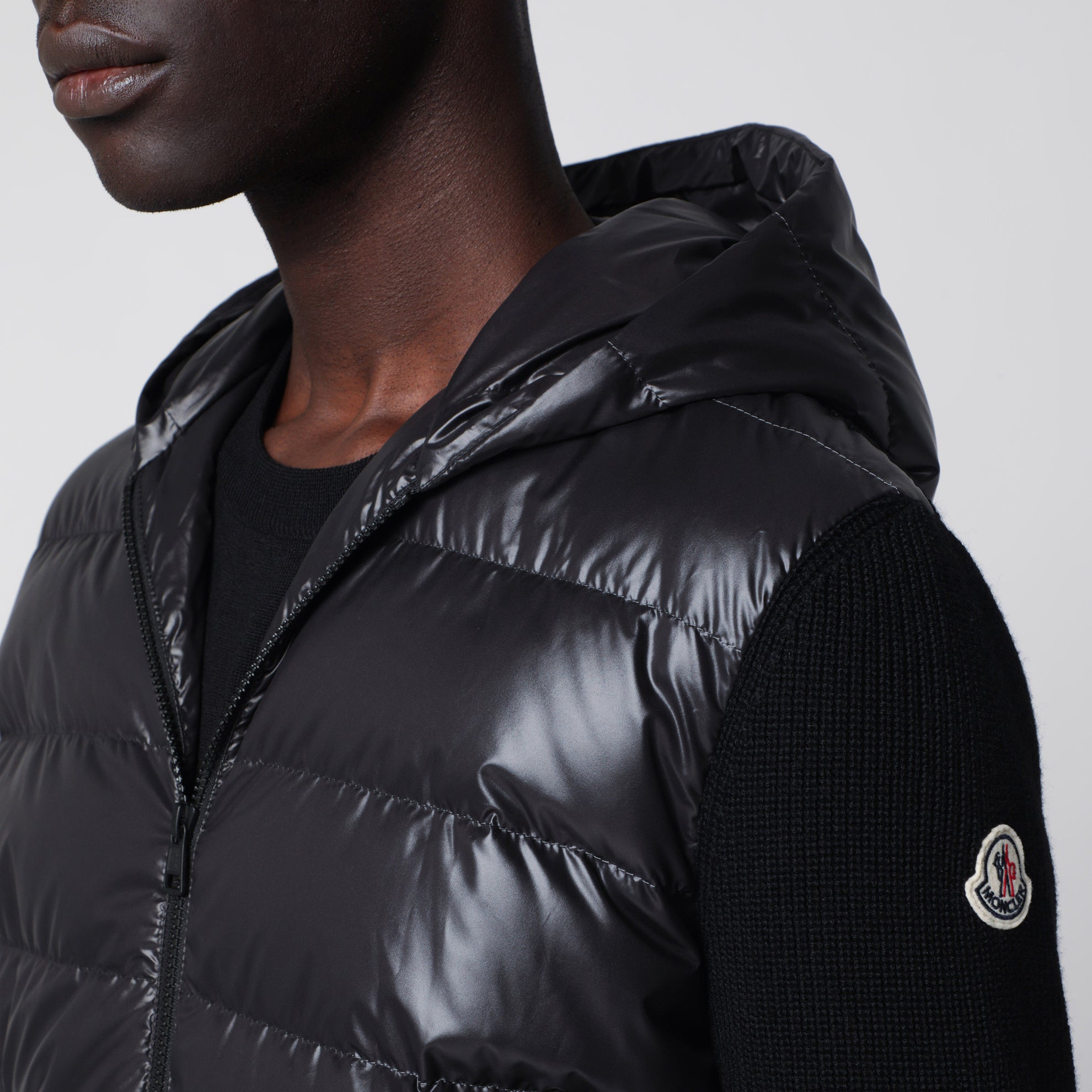 Black padded wool zip-up hoodie