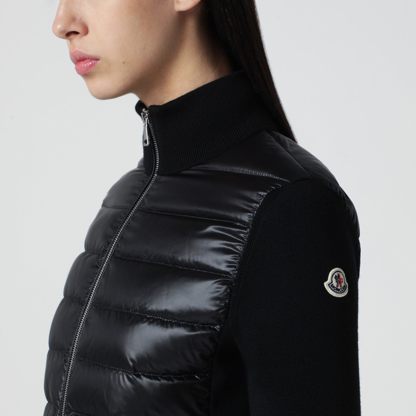 Cardigan imbottito in lana con zip nero