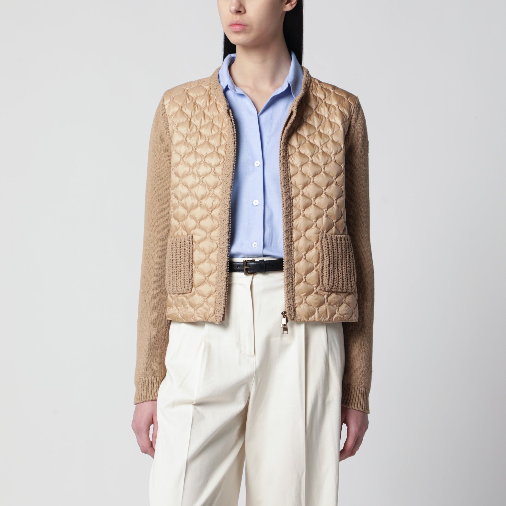 Cardigan hybride en laine et nylon matelassé beige