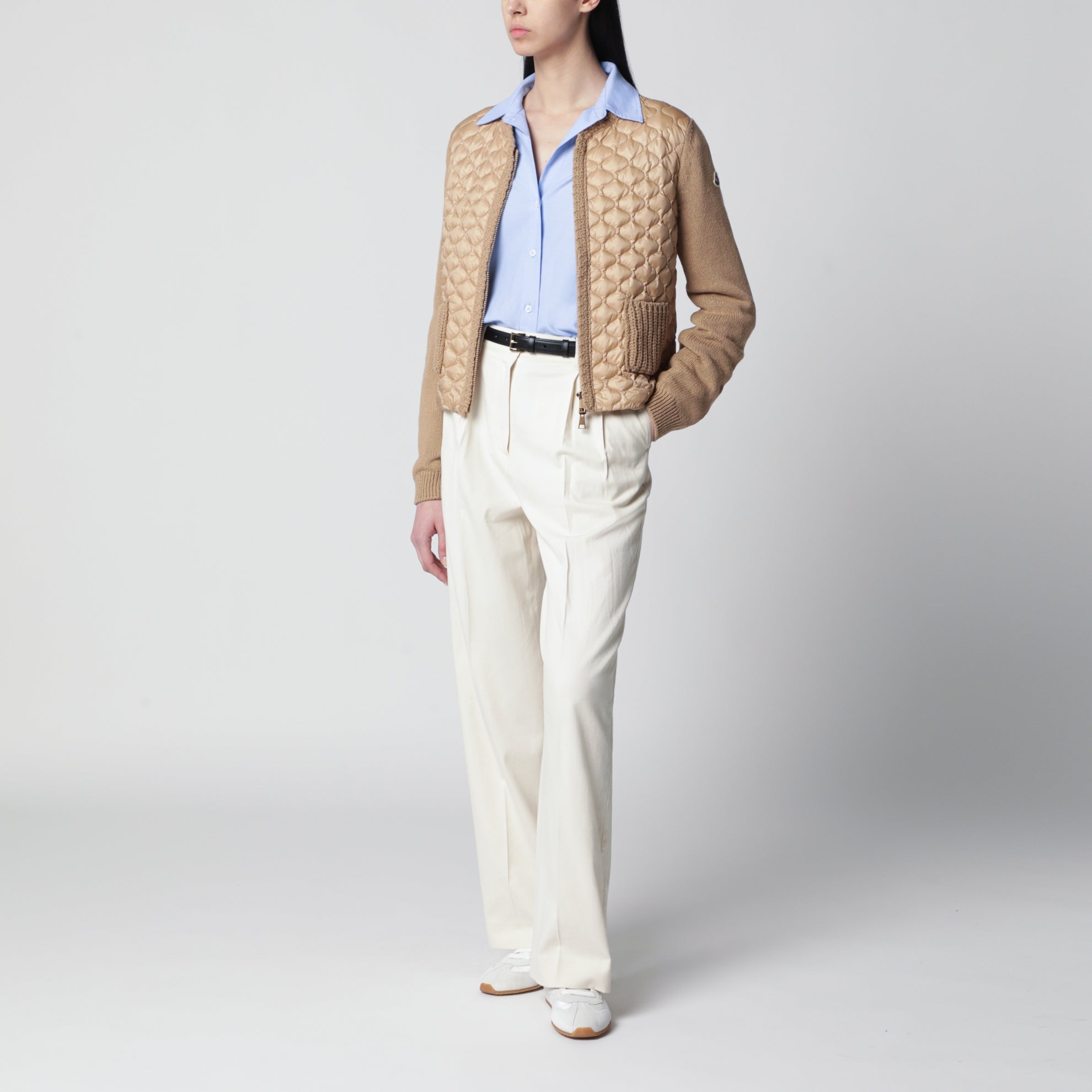 Cardigan hybride en laine et nylon matelassé beige