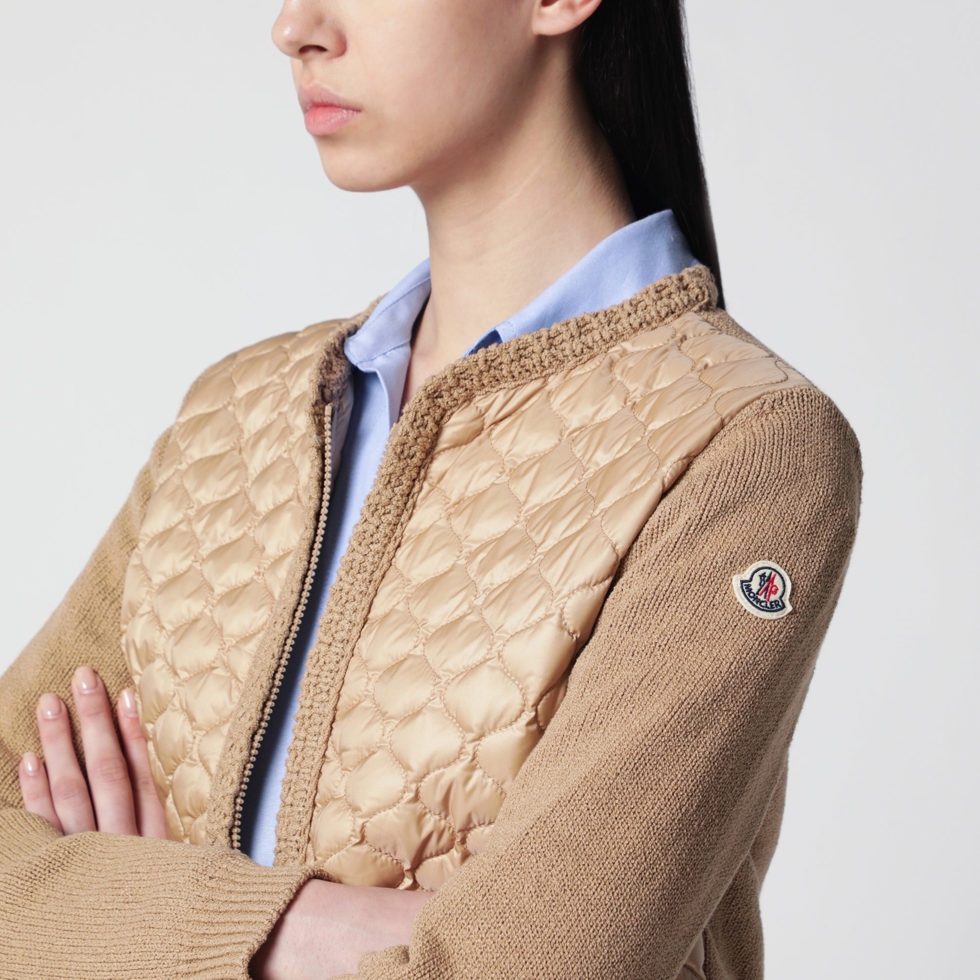 Cardigan hybride en laine et nylon matelassé beige