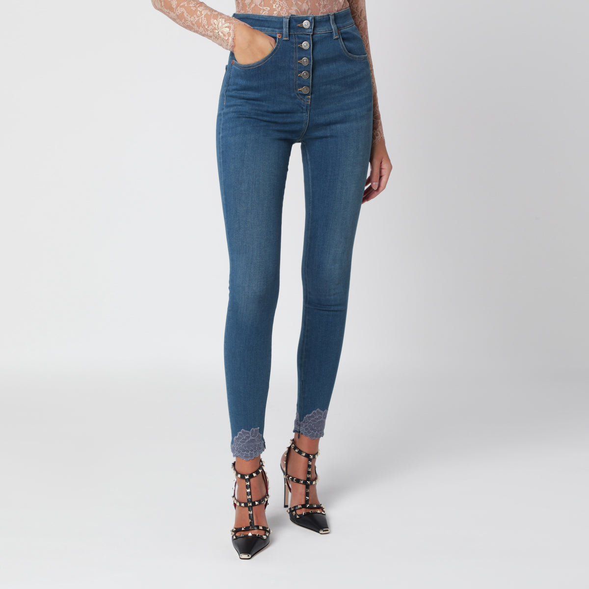 Jeans slim blu medio con pizzo