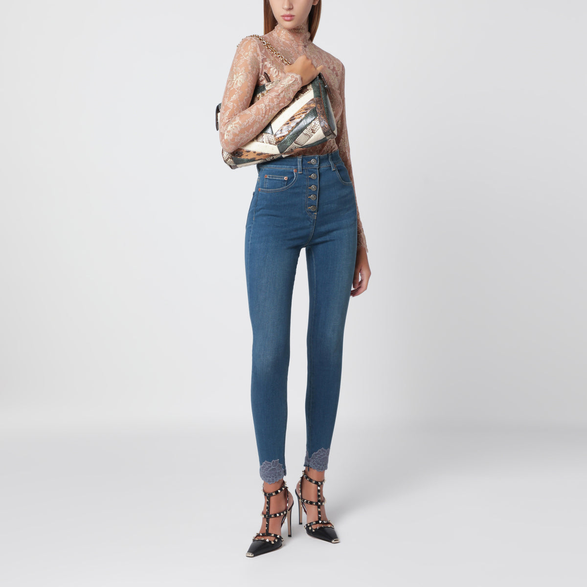 Jeans slim blu medio con pizzo