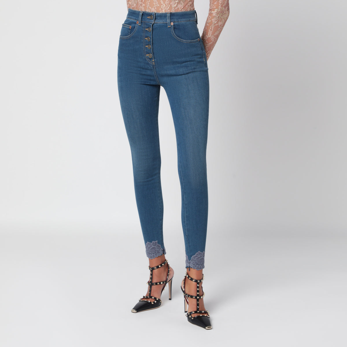 Jeans slim blu medio con pizzo