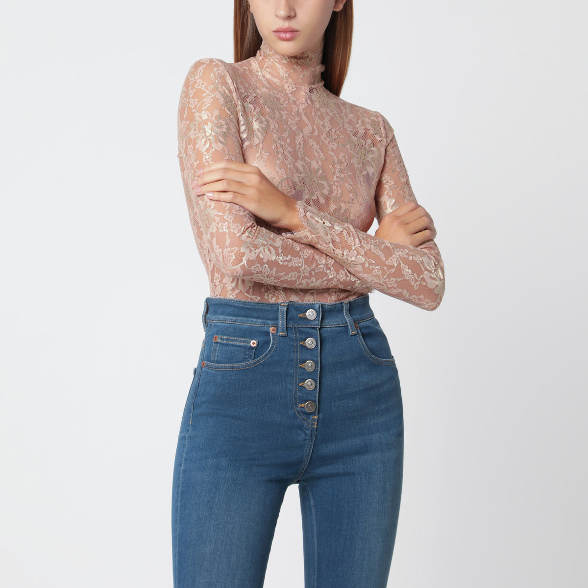 Nude semi-sheer floral lace bodysuit