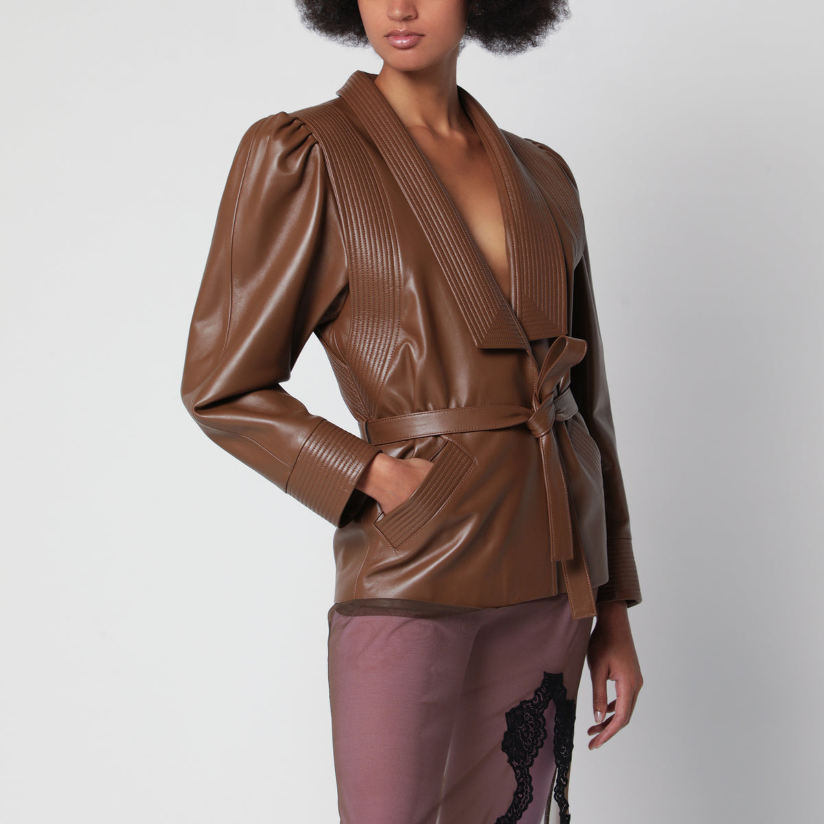 Brown belted jacket in nappa leather
