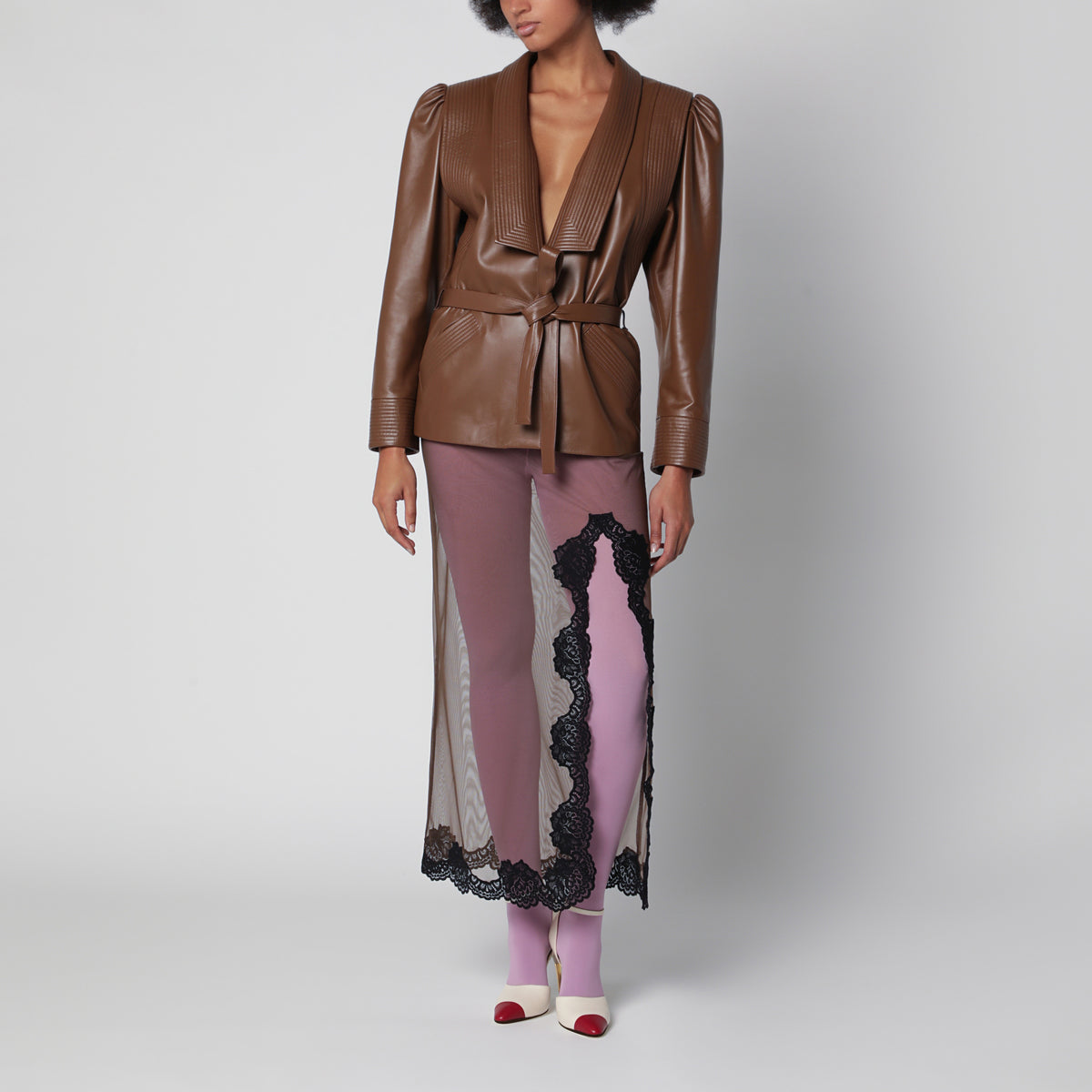 Brown belted jacket in nappa leather
