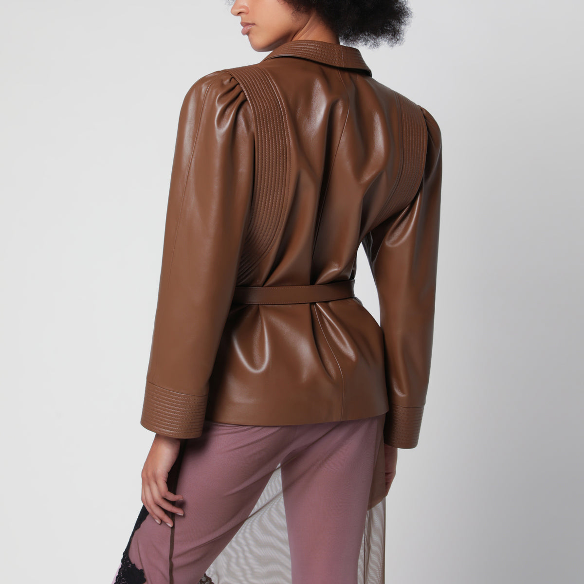 Brown belted jacket in nappa leather