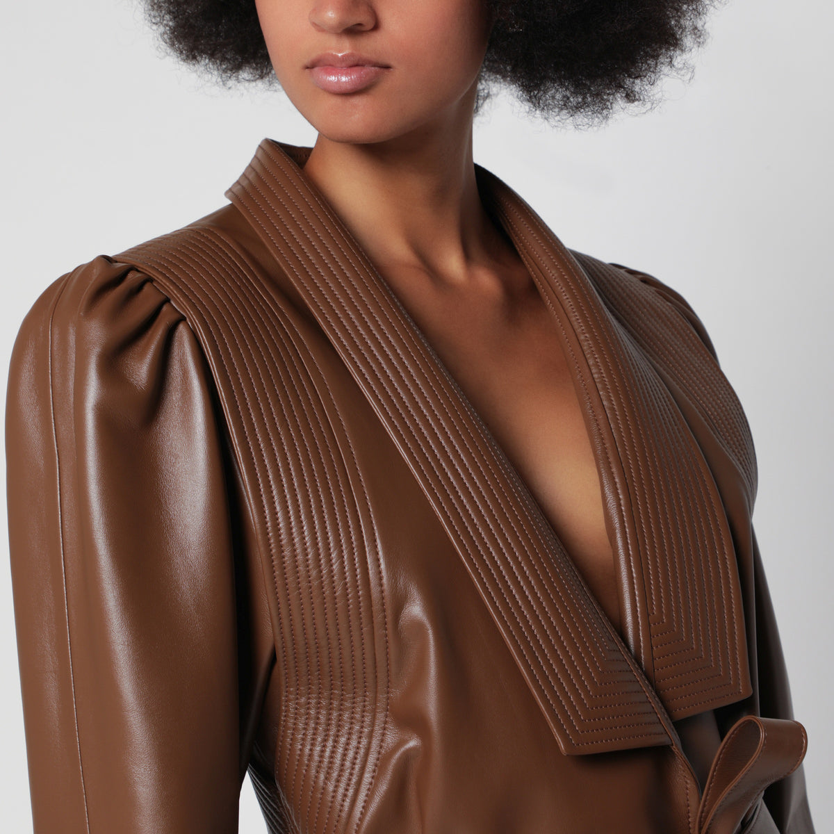 Brown belted jacket in nappa leather