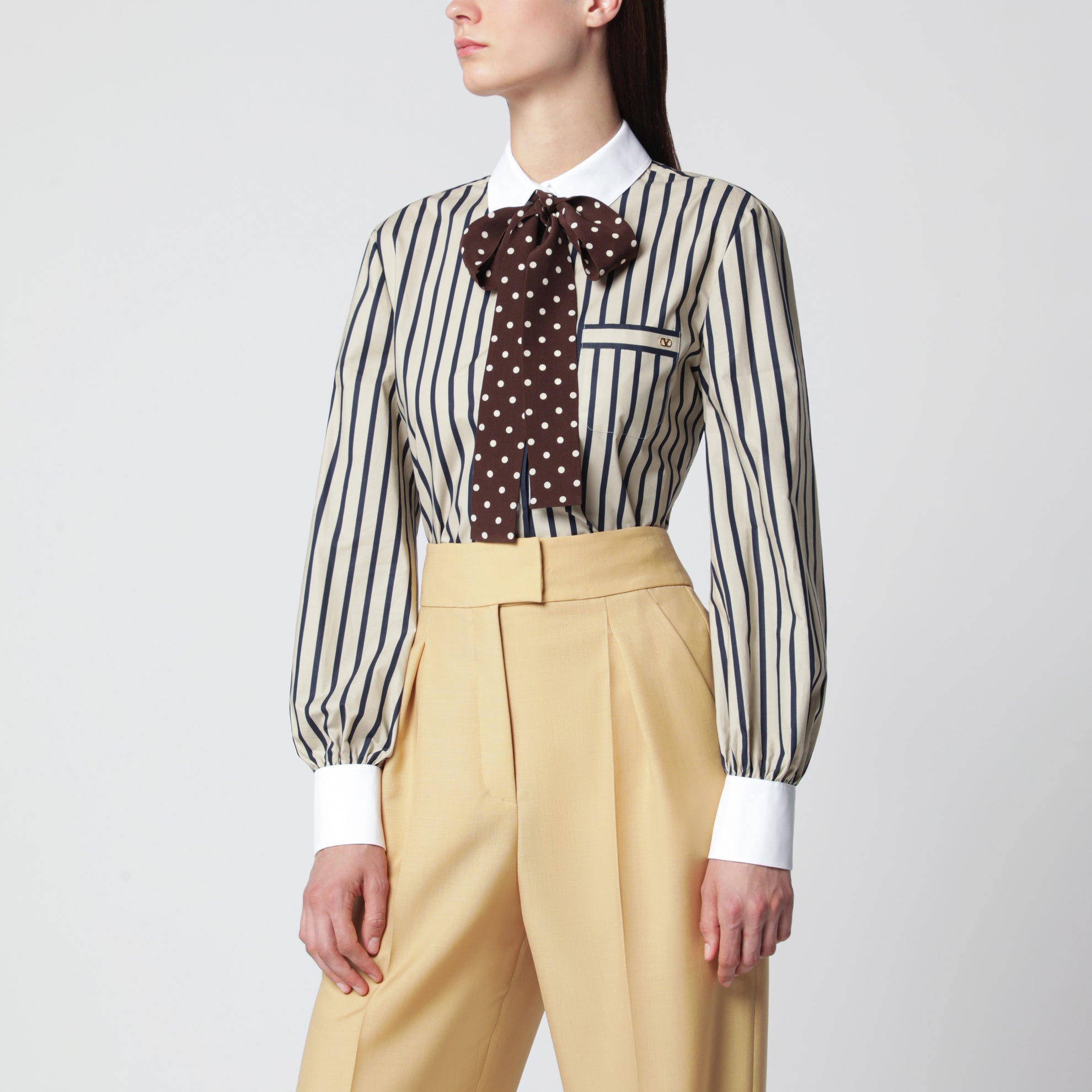Striped cotton shirt with scarf in beige and blue