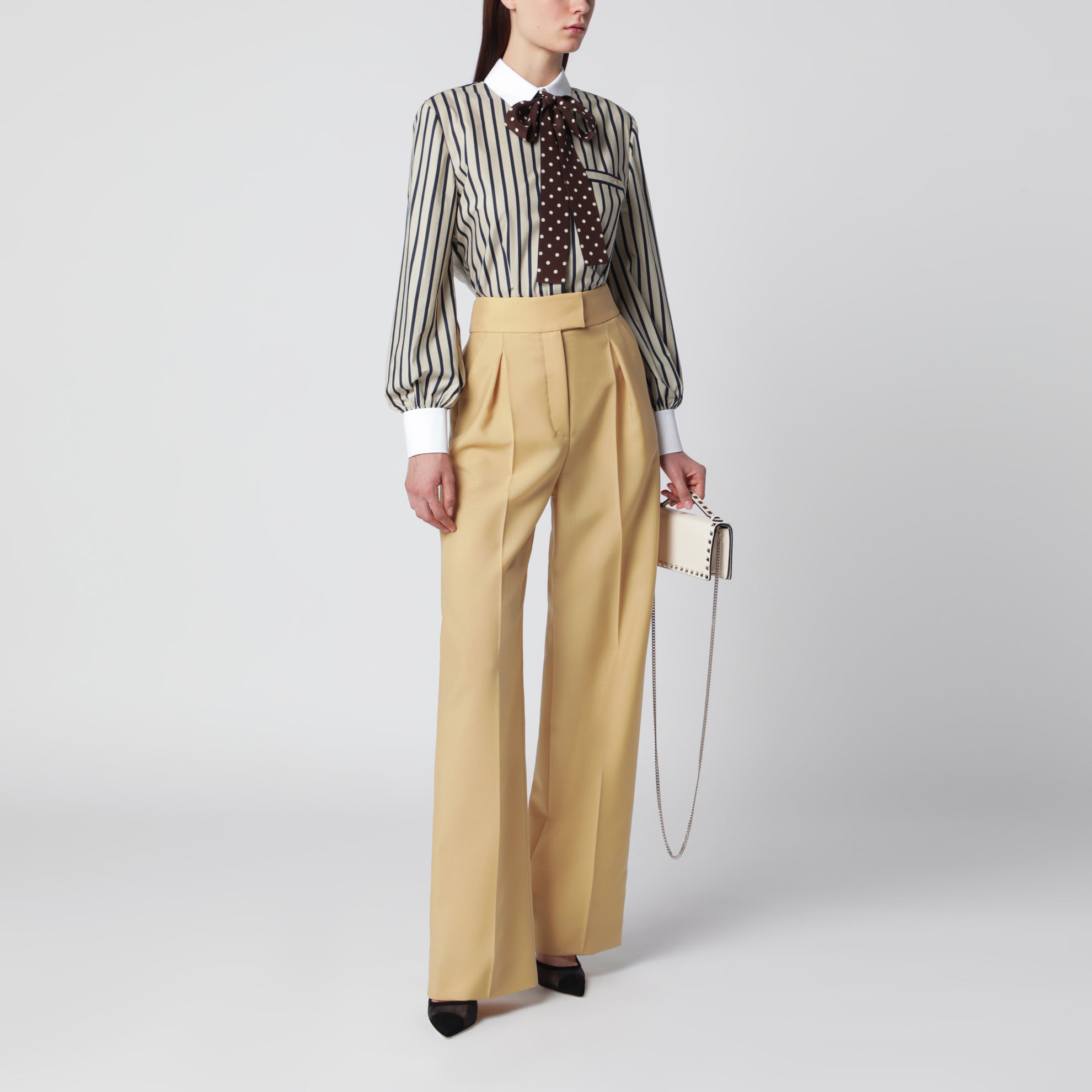 Striped cotton shirt with scarf in beige and blue