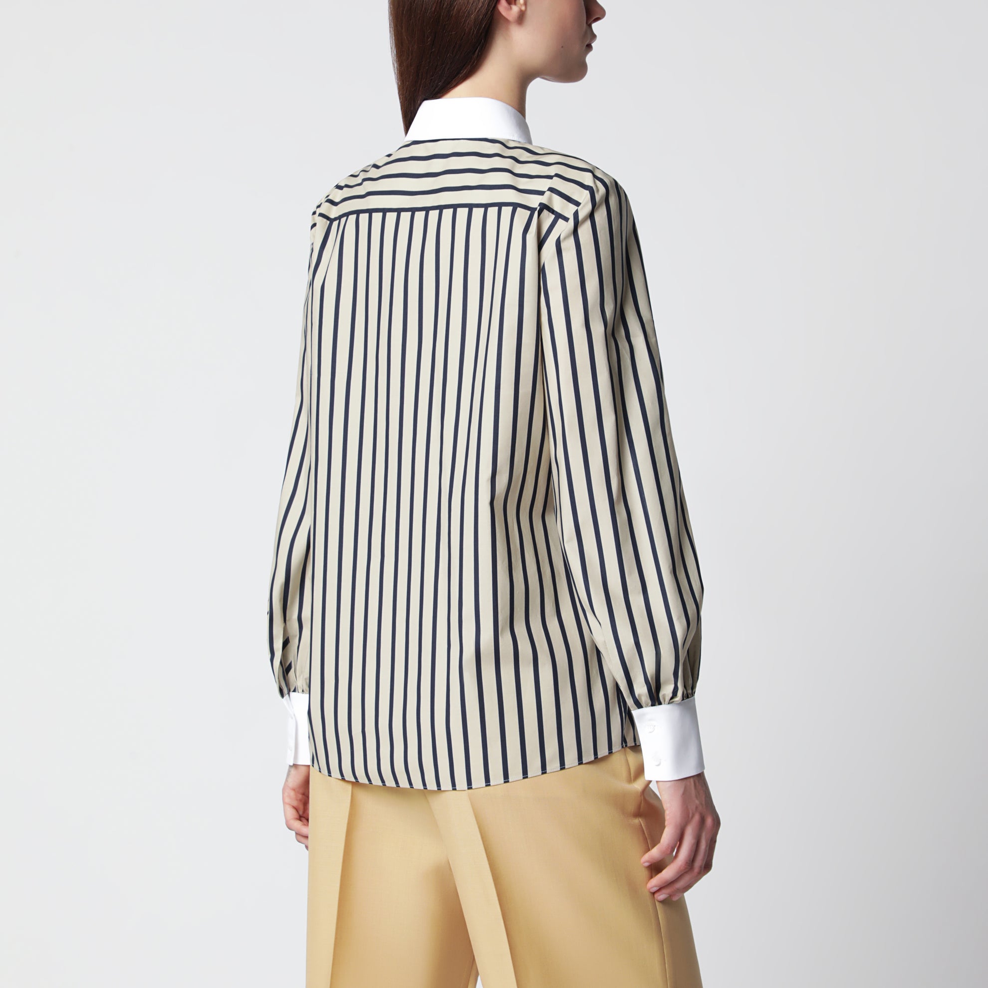 Striped cotton shirt with scarf in beige and blue