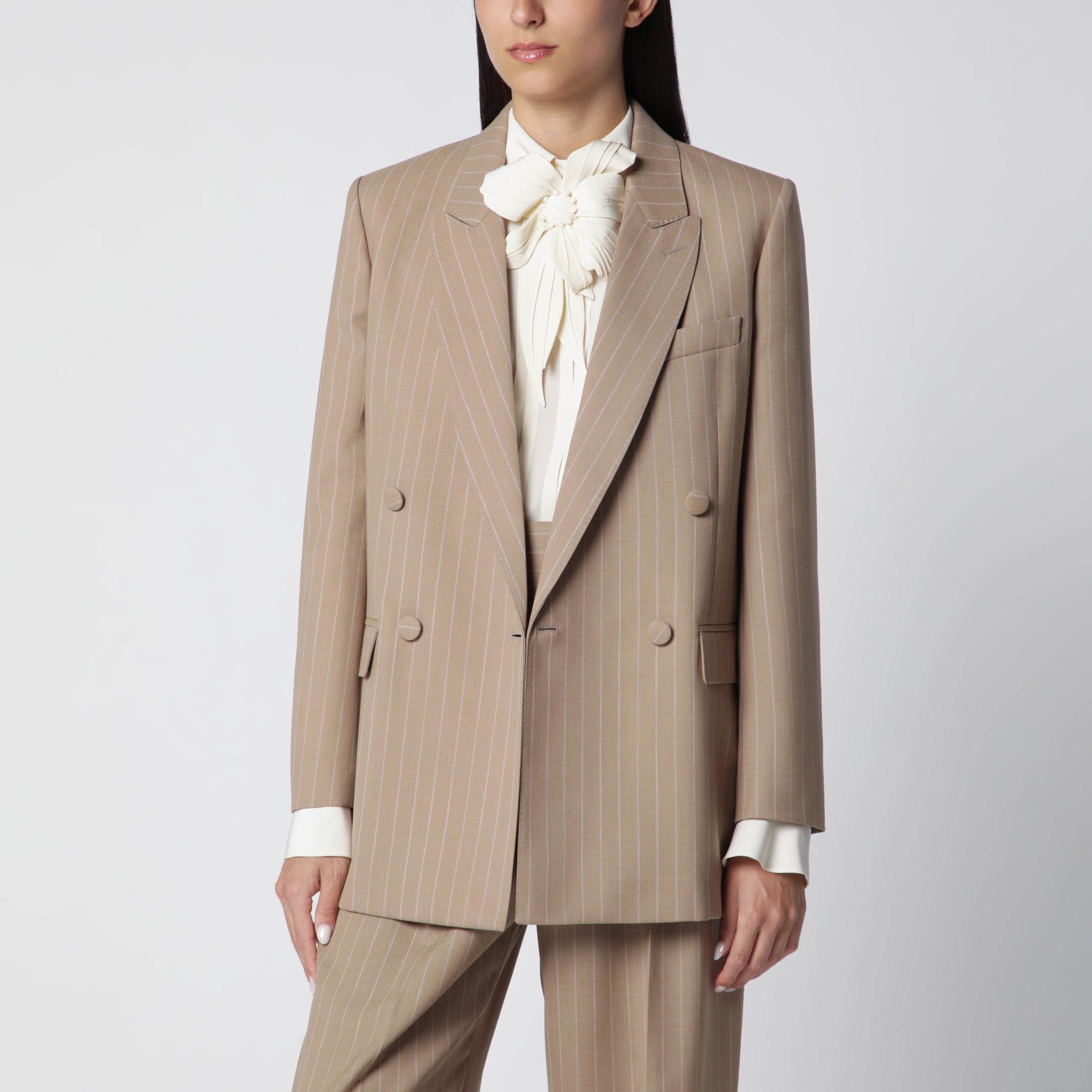 Double-Breasted Pinstripe Jacket in Mud/Ivory Virgin Wool