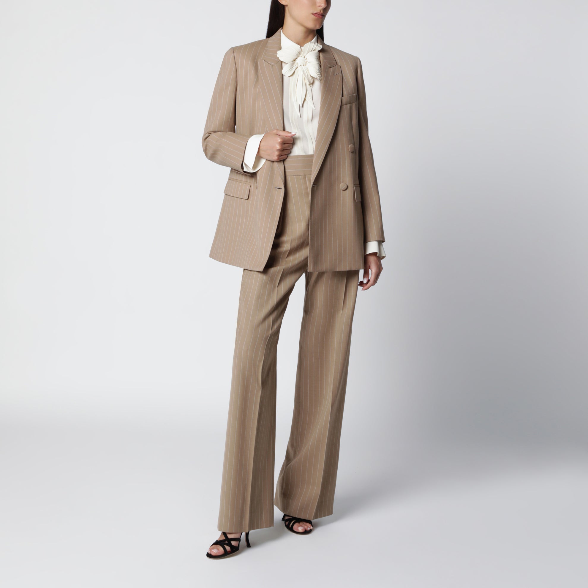 Double-Breasted Pinstripe Jacket in Mud/Ivory Virgin Wool