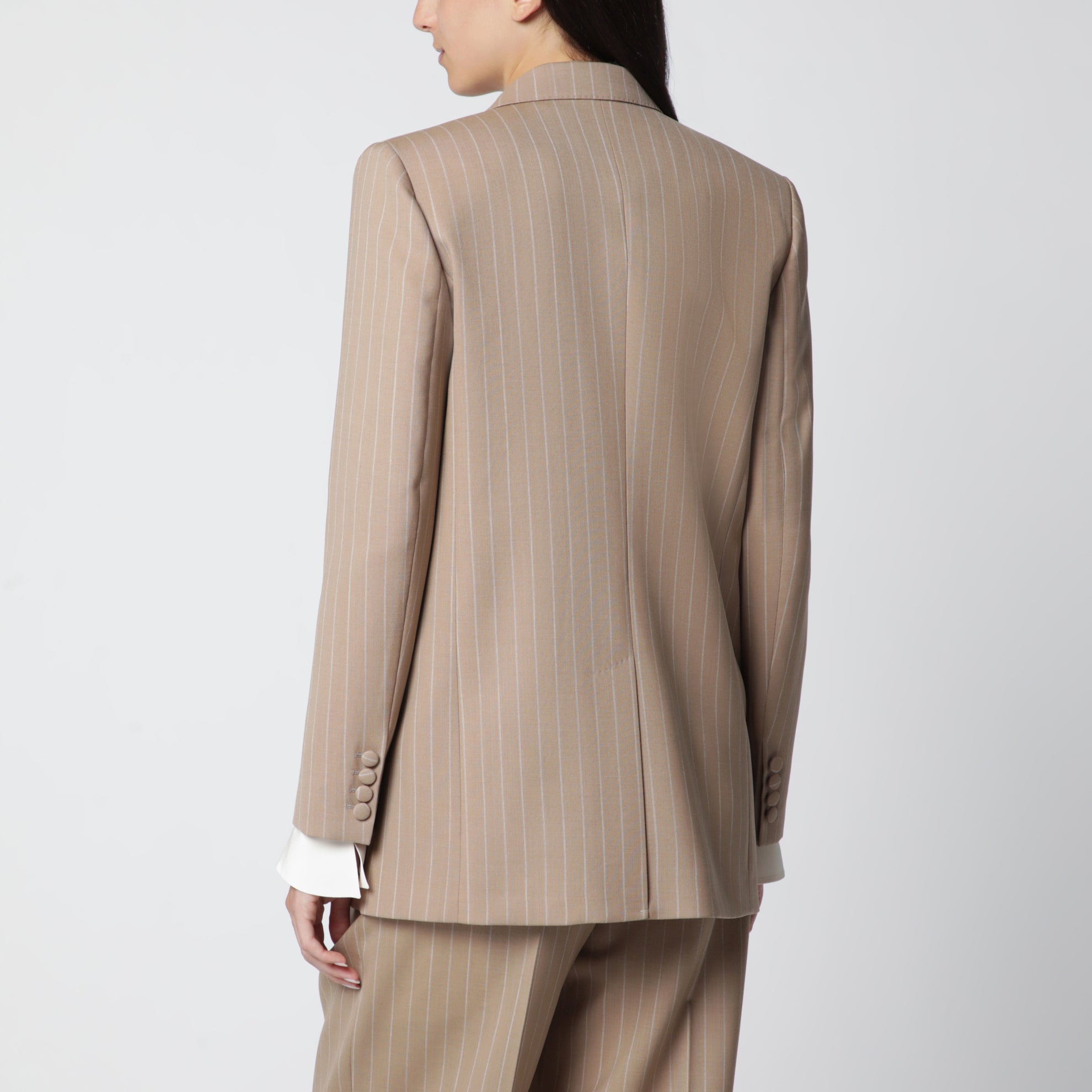Double-Breasted Pinstripe Jacket in Mud/Ivory Virgin Wool