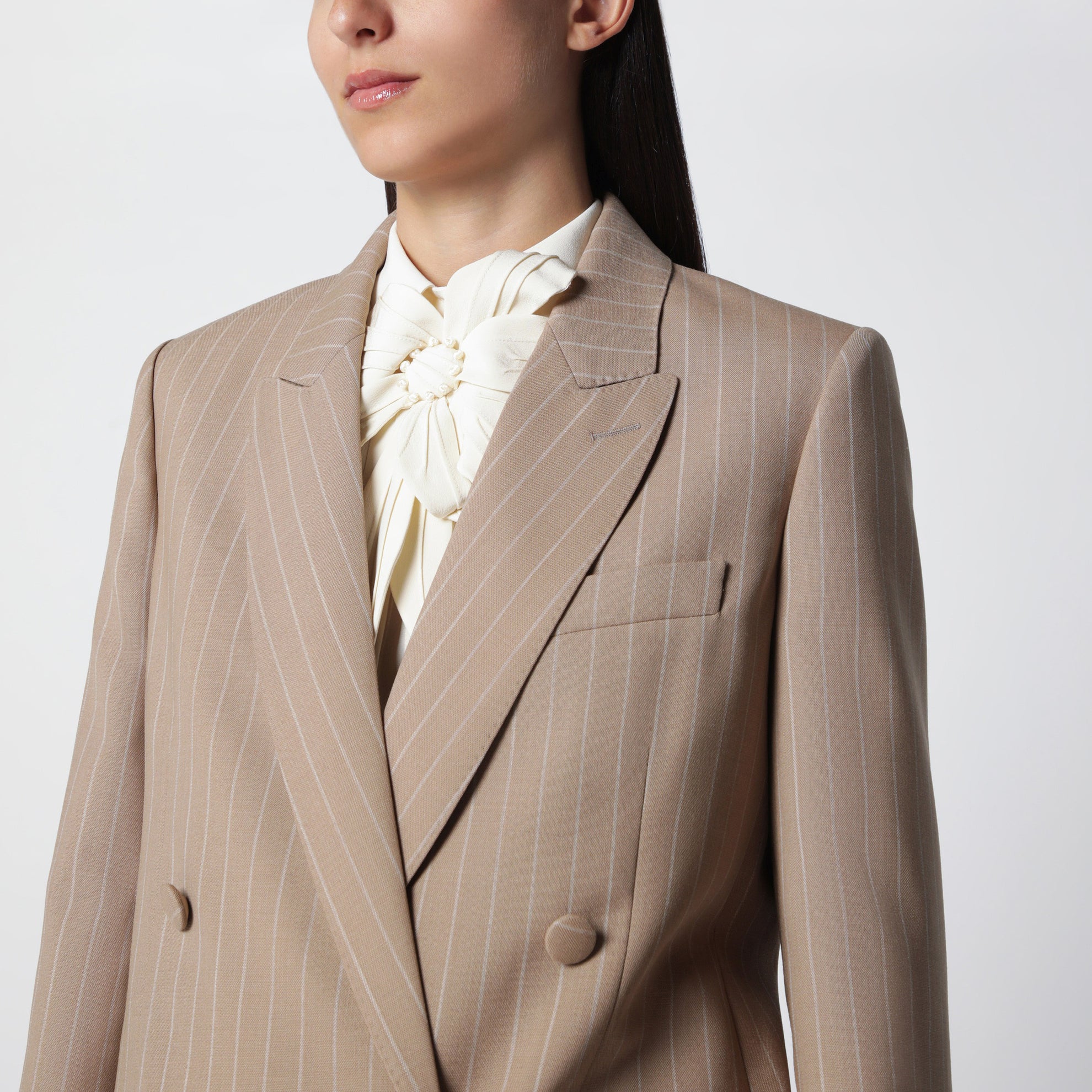 Double-Breasted Pinstripe Jacket in Mud/Ivory Virgin Wool