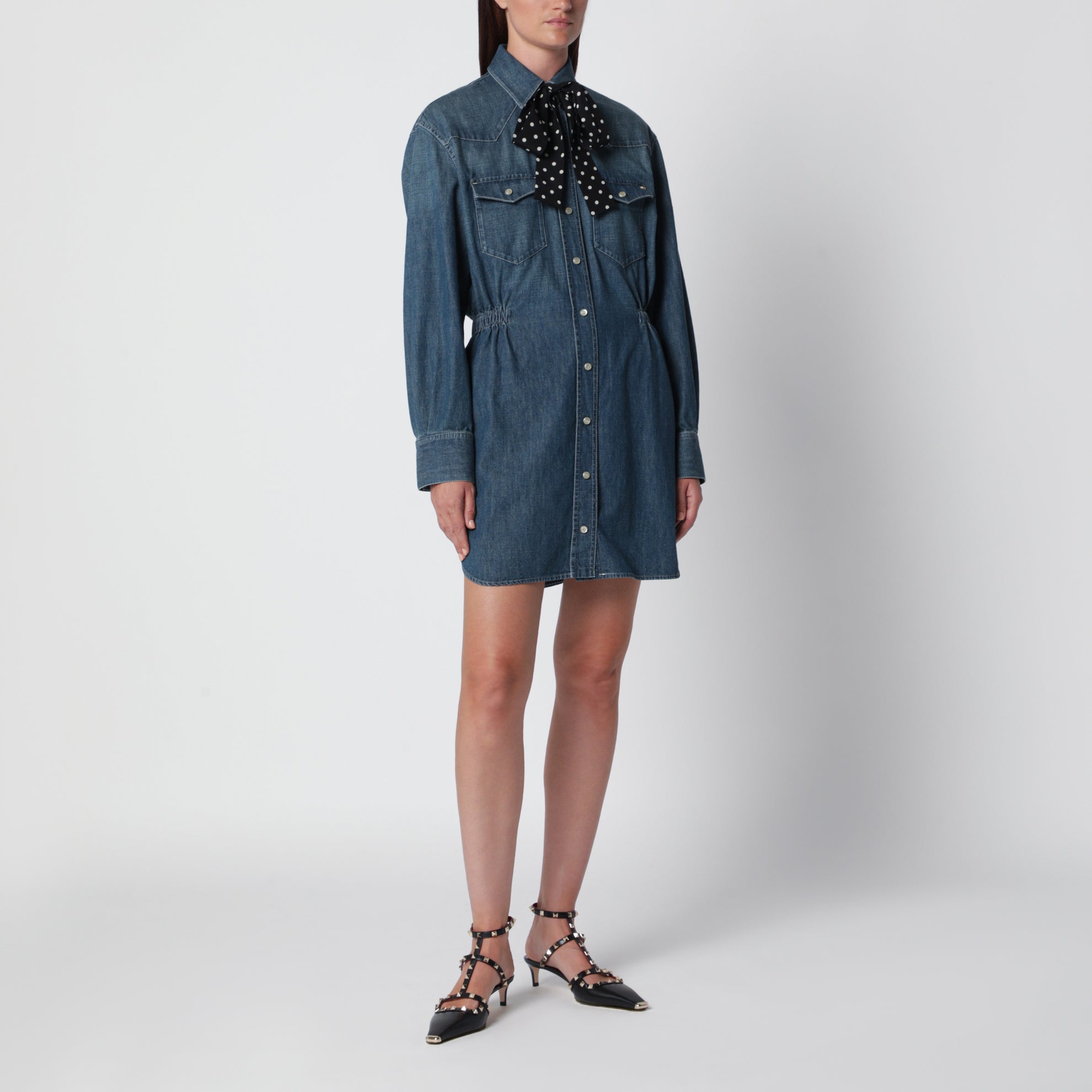 Medium blue denim dress with polka-dot scarf