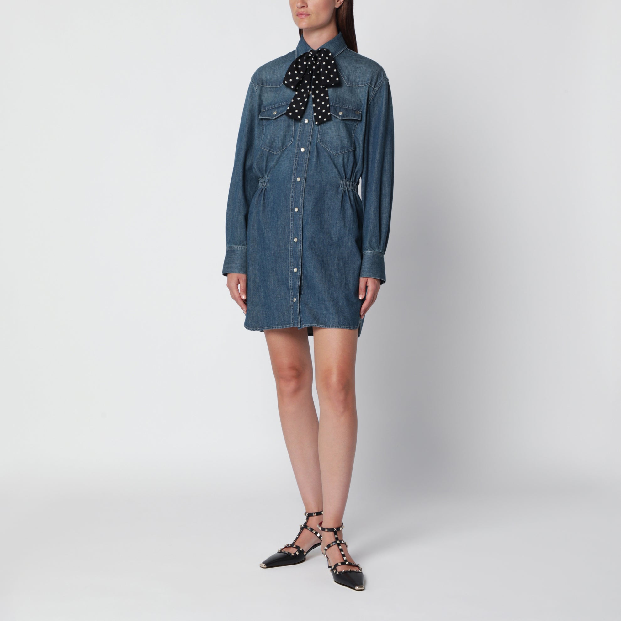 Medium blue denim dress with polka-dot scarf
