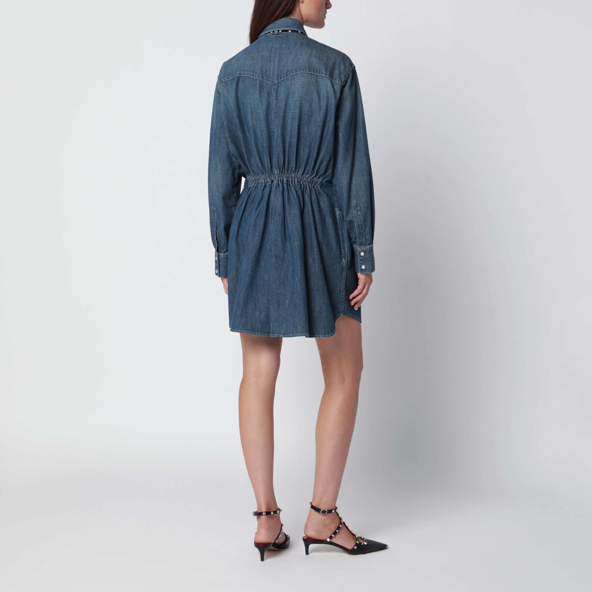 Medium blue denim dress with polka-dot scarf