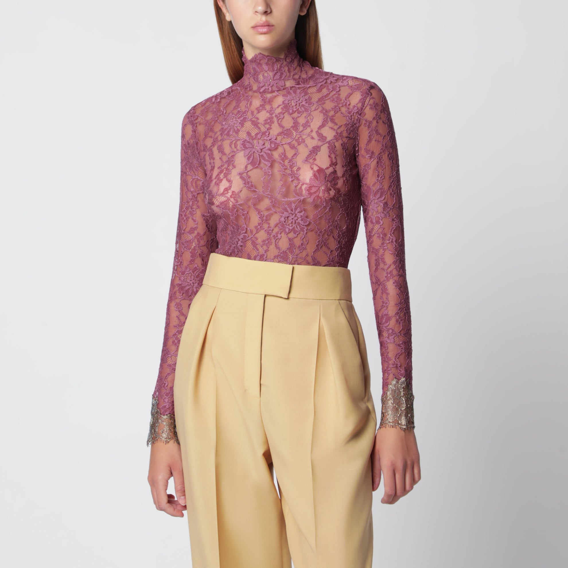Body in pizzo bordeaux con polsi a contrasto