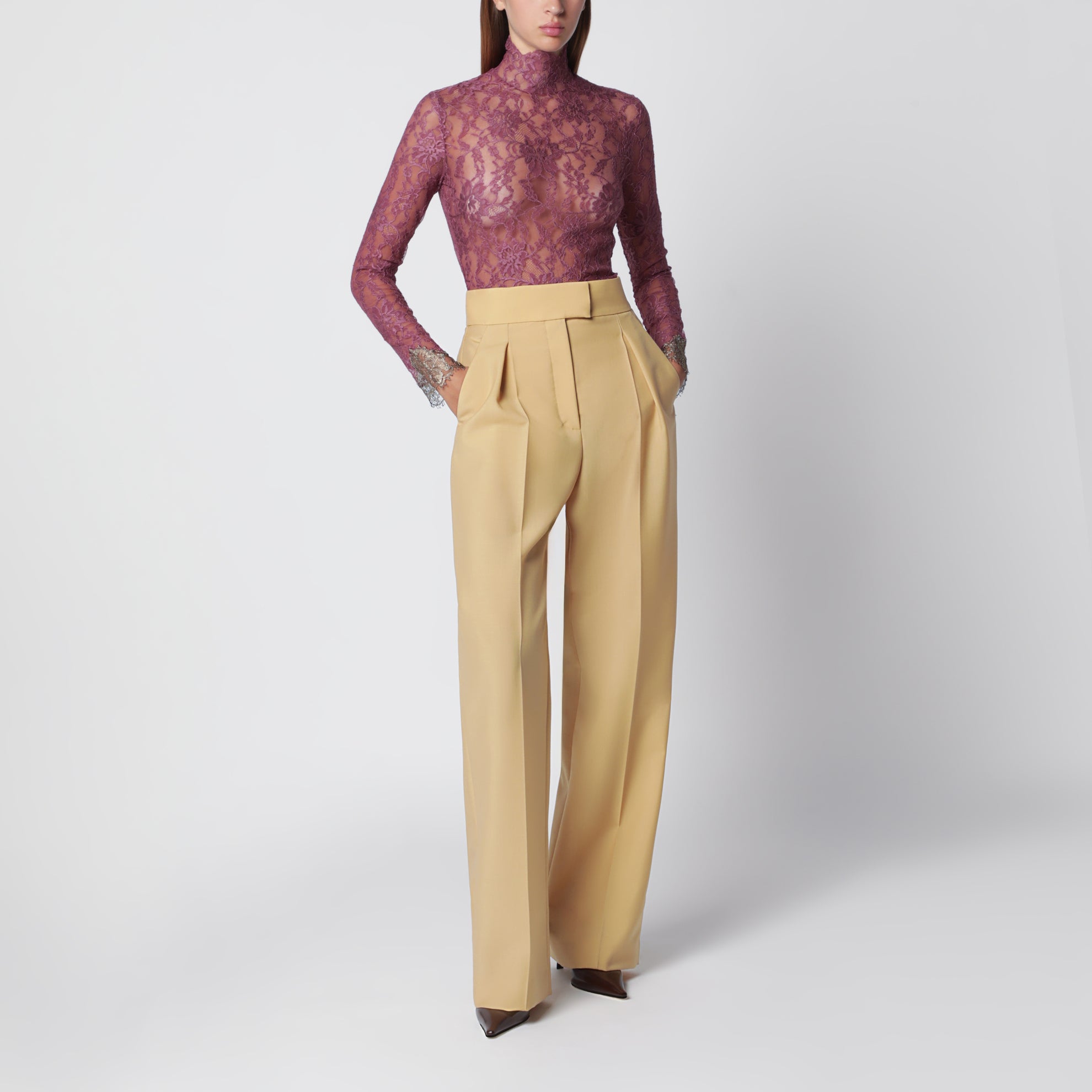 Body in pizzo bordeaux con polsi a contrasto