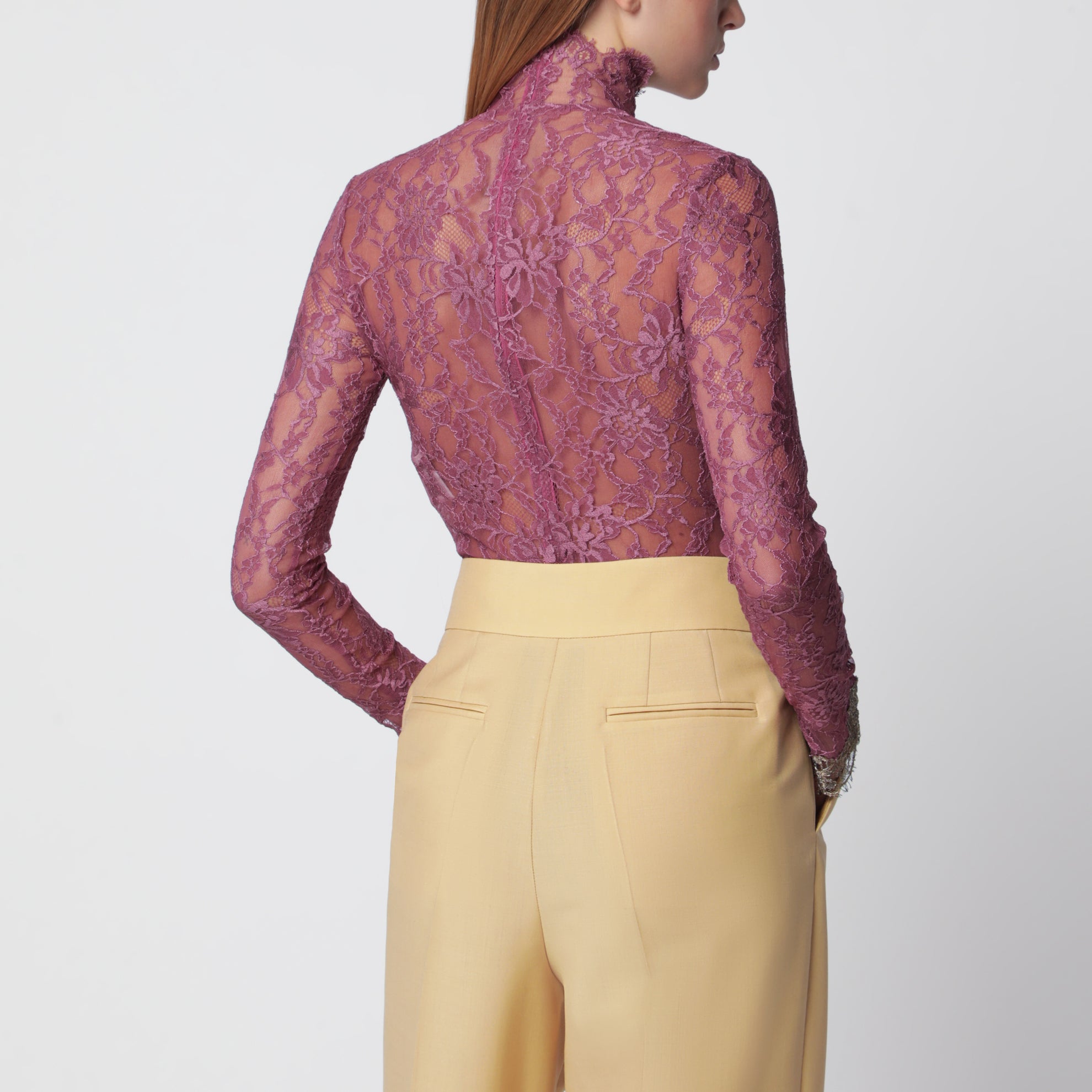 Body in pizzo bordeaux con polsi a contrasto