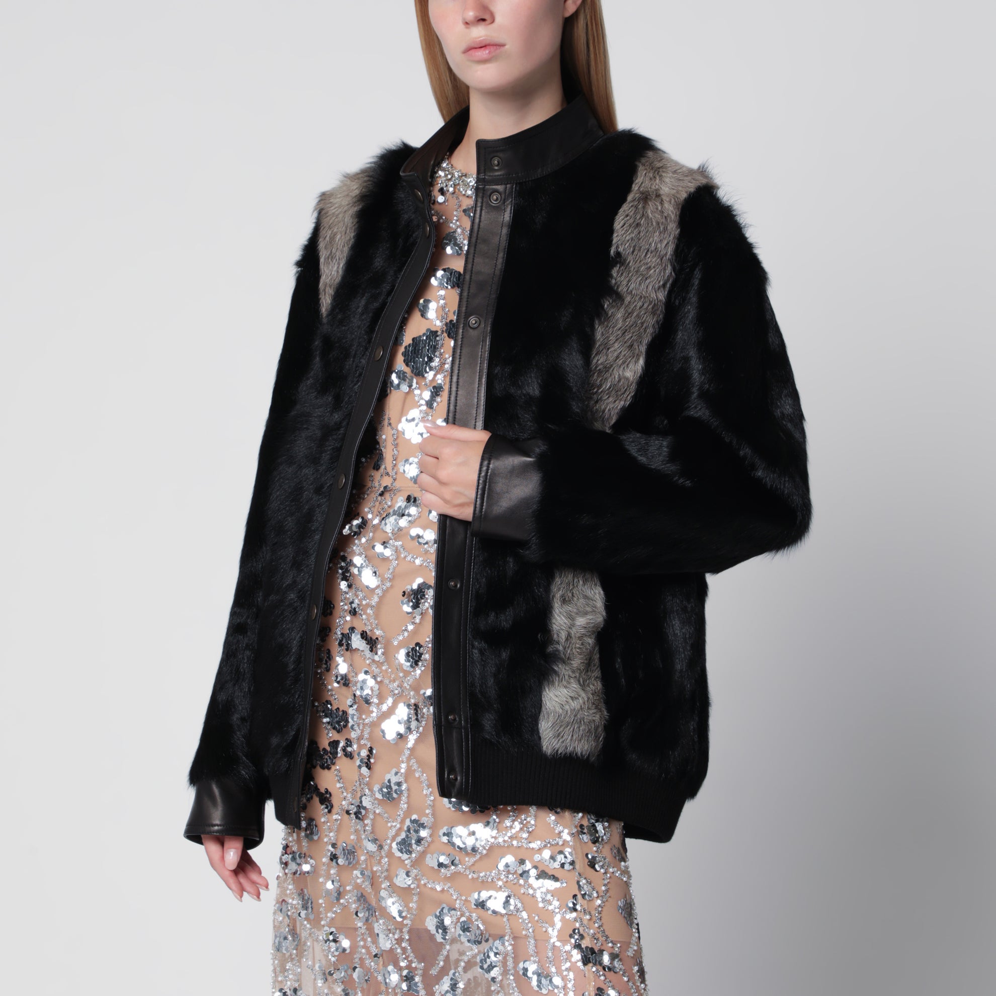 Veste en shearling et cuir noir/gris